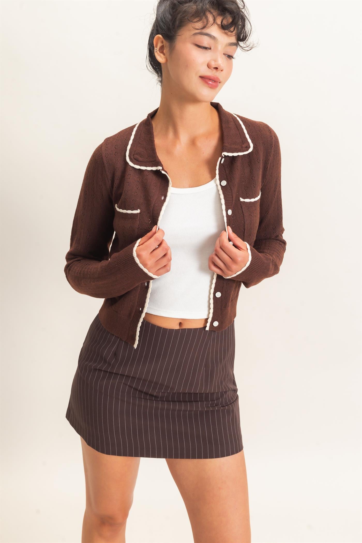Wholesale Collared Pointelle Knit Cardigan Sweaters DZ26E101 DARK BROWN DOUBLE ZERO