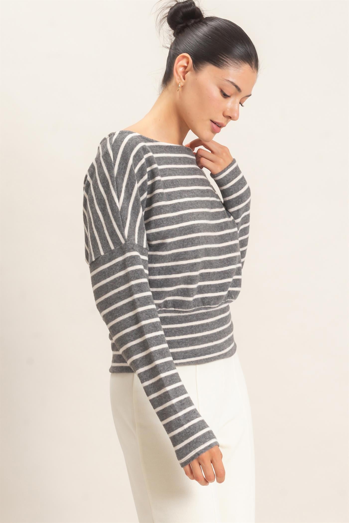 Wholesale Striped Off Shoulder Top T-Shirts HF26E953 GRAY HYFVE