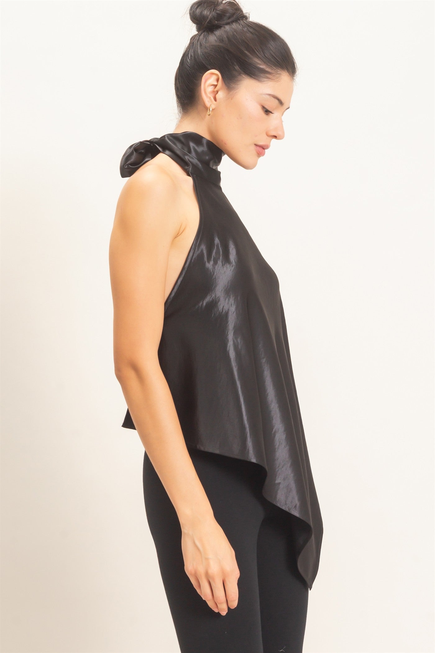 Wholesale Asymmetrical Satin Halter Top Blouses HF26F114 BLACK HYFVE