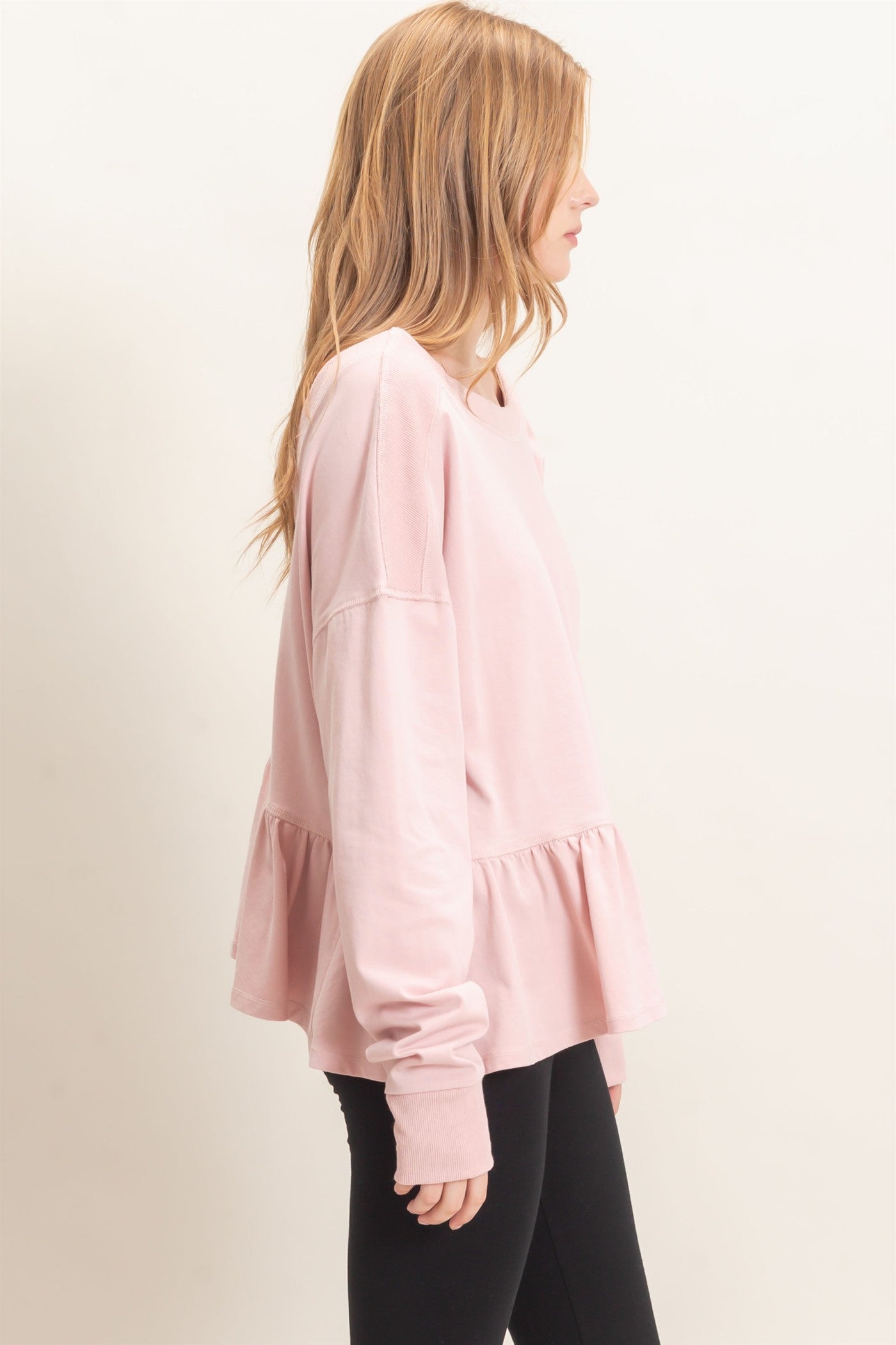 Wholesale Ruffled Hem Long Sleeve Top Clothing Tops HF26E065 PALE BLUSH HYFVE