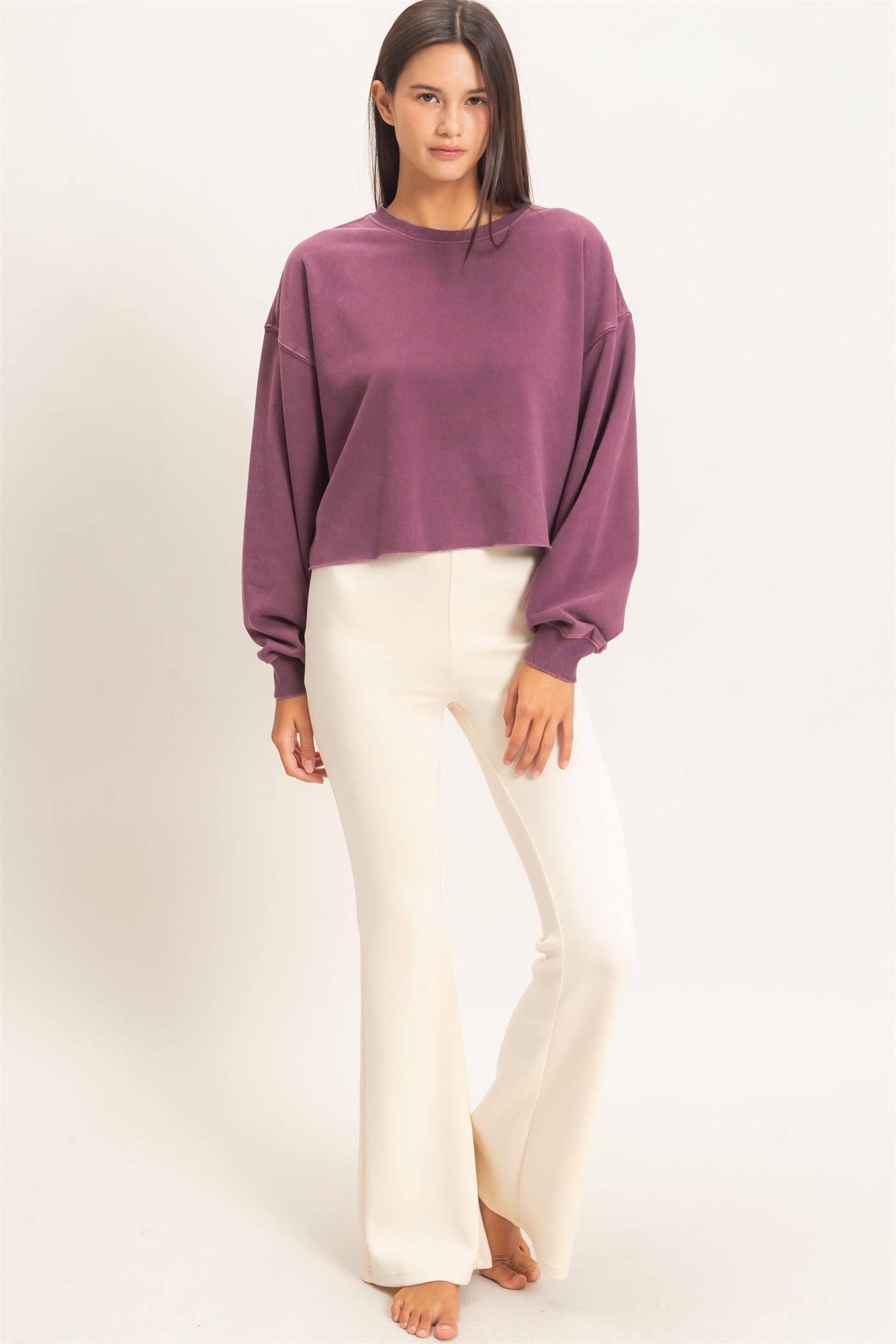 Wholesale Mineral Wash Raw Hem Cropped Sweatshirt Sweatshirts DZ26C968 DARK CHERRY DOUBLE ZERO