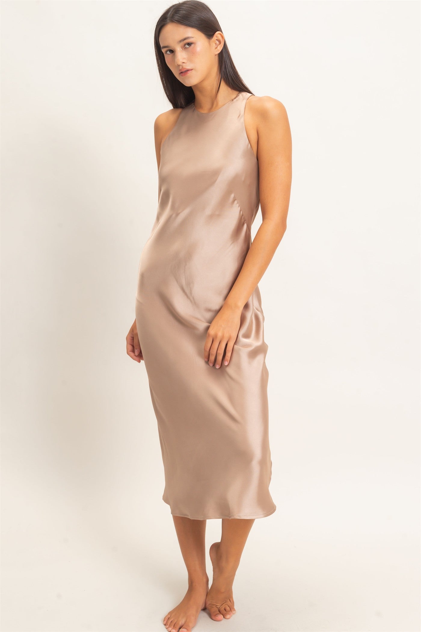 Wholesale Sleeveless Satin Midi Dress Dresses DZ26E257 DARK TAUPE DOUBLE ZERO
