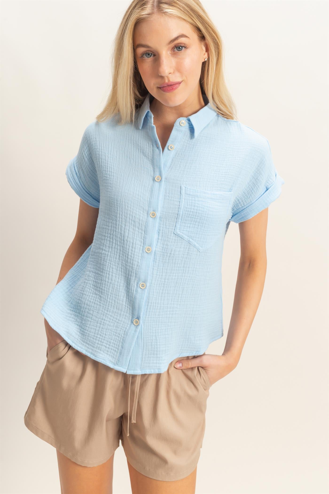 Wholesale Rolled Sleeve Button-Up Top Clothing Tops HF26E526 BLUE HYFVE
