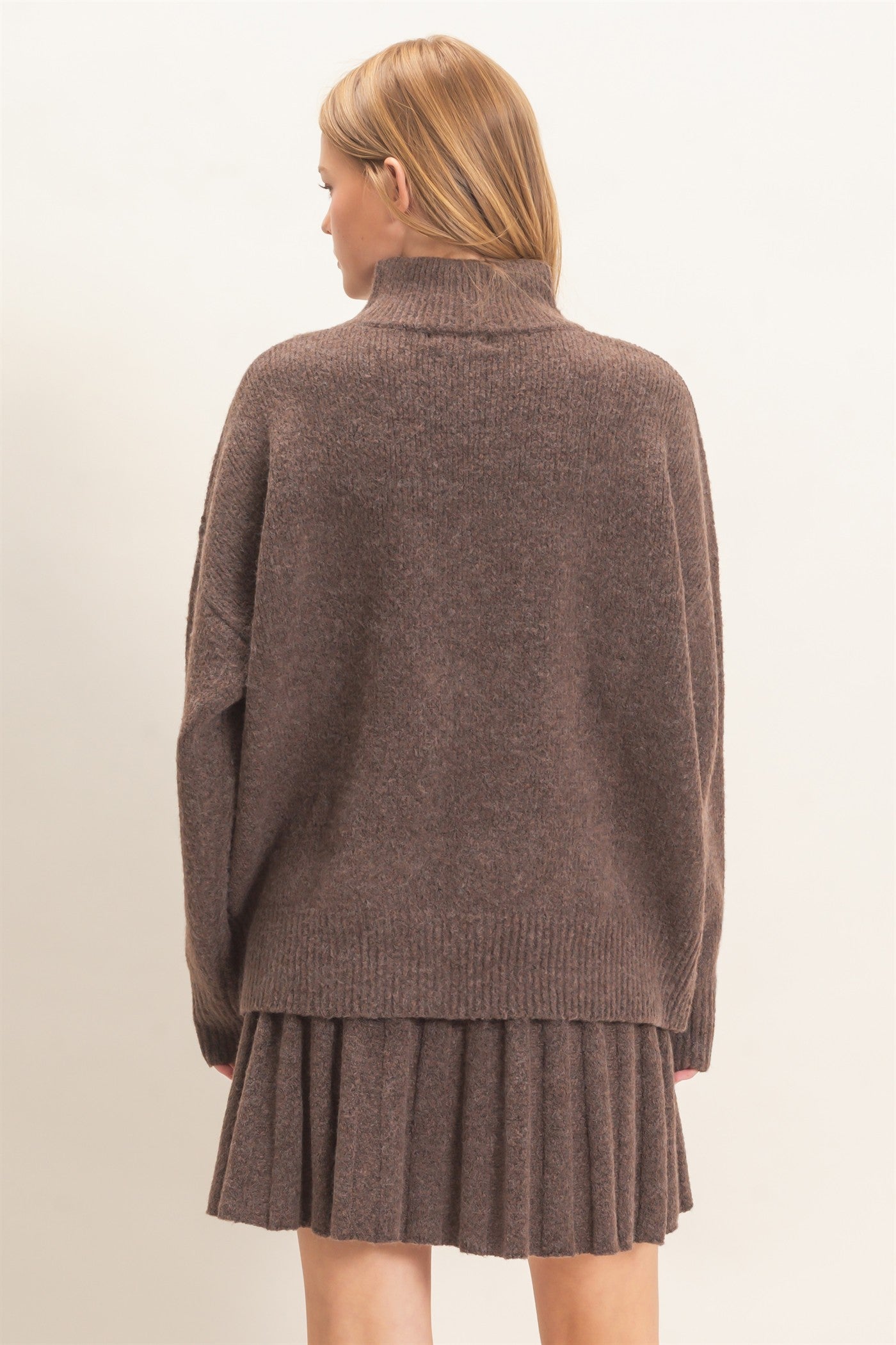 Wholesale Mock Neck Sweater And Pleated Skirt Set Clothing HF26F232-SET BROWN HYFVE