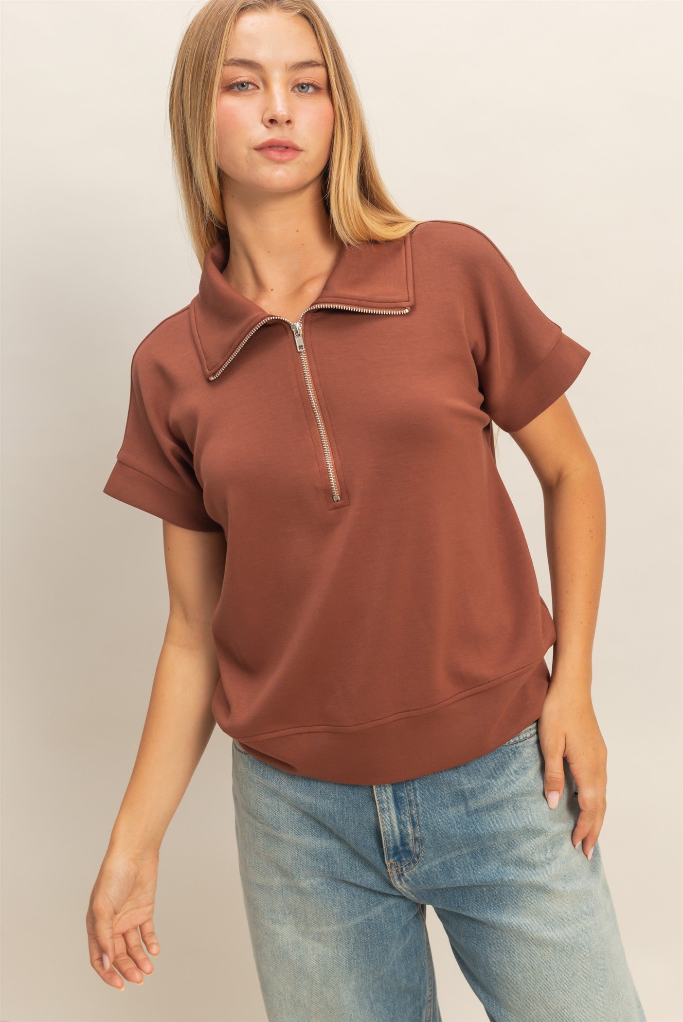 Wholesale Short Sleeve High Neck Half-Zip Top Clothing Tops DZ26C735 CHESTNUT DOUBLE ZERO