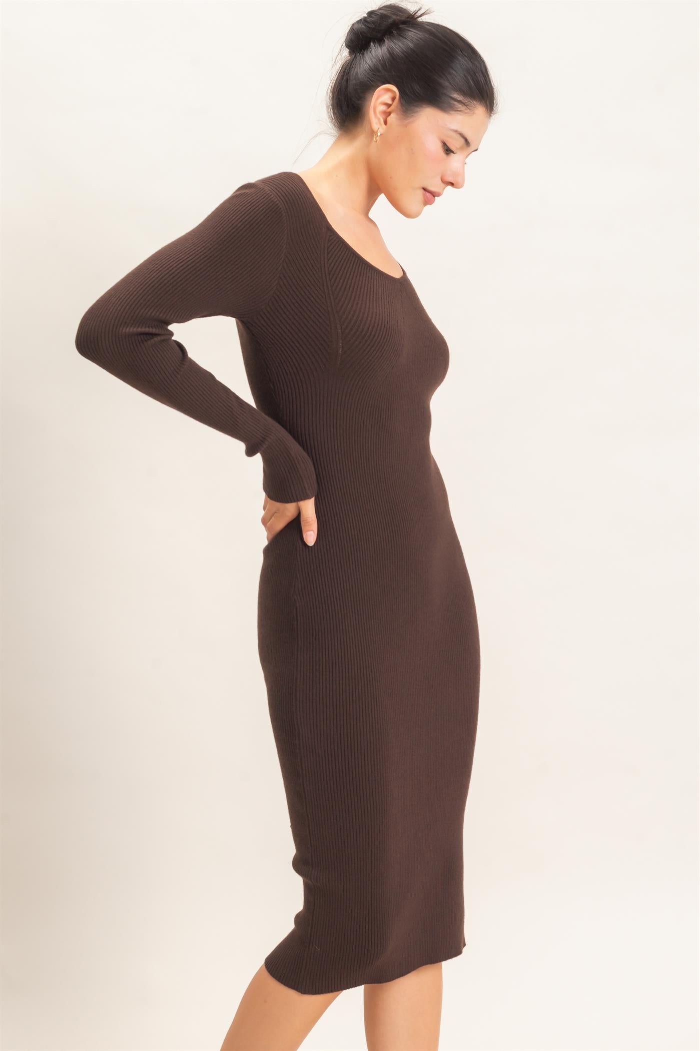 Wholesale Ribbed V-Neck Long Sleeve Dress Dresses HF26E217 DARK BROWN HYFVE