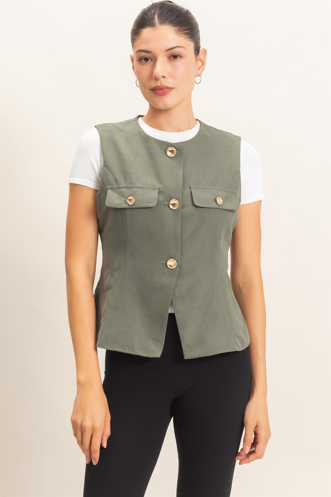 Wholesale Buttoned Sleeveless Utility Vest Vests HF26E929 FOREST GREEN HYFVE