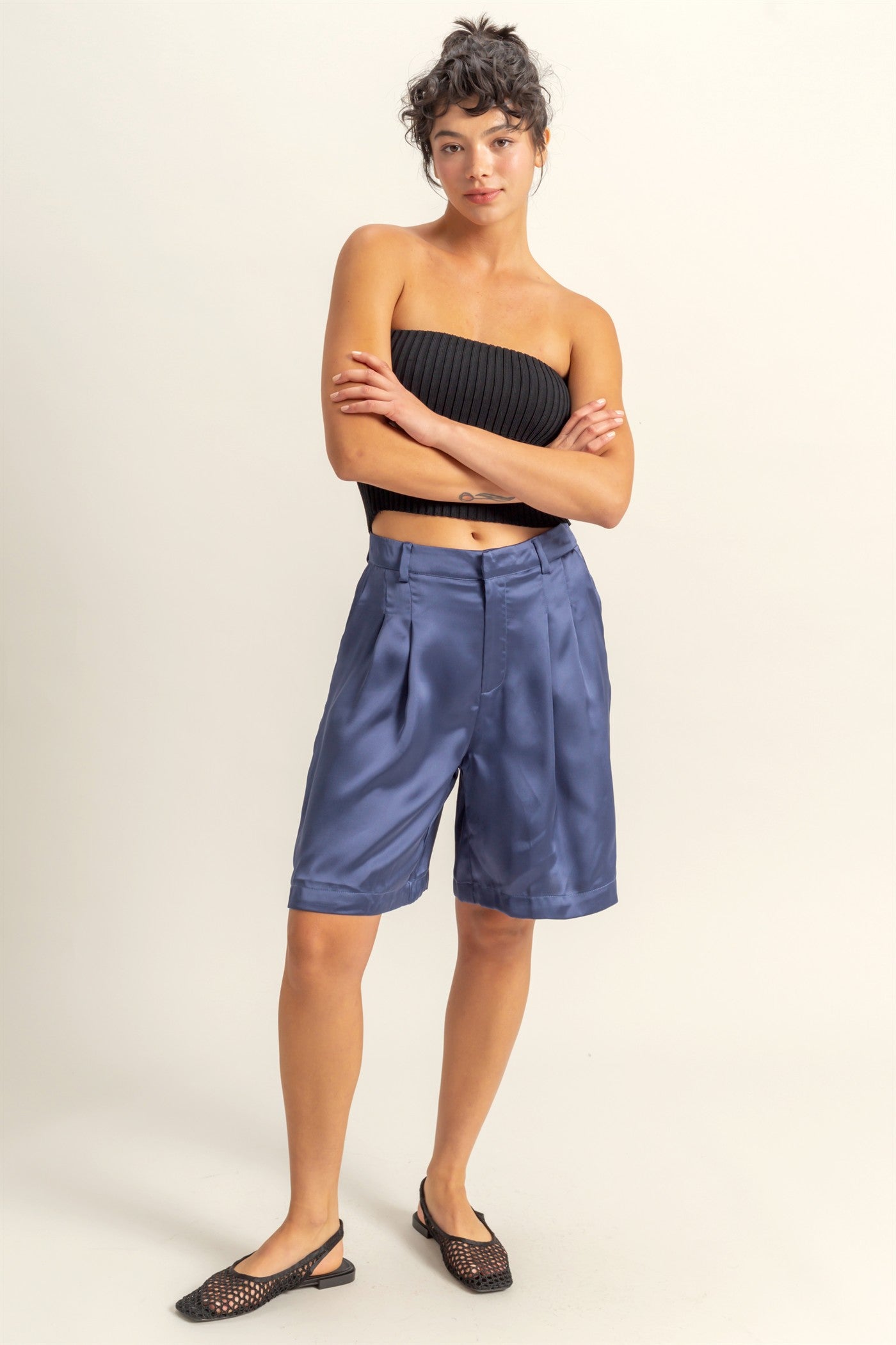 Wholesale High-Waist Pleated Satin Shorts Shorts DZ24E149 DUSTY INDIGO DOUBLE ZERO