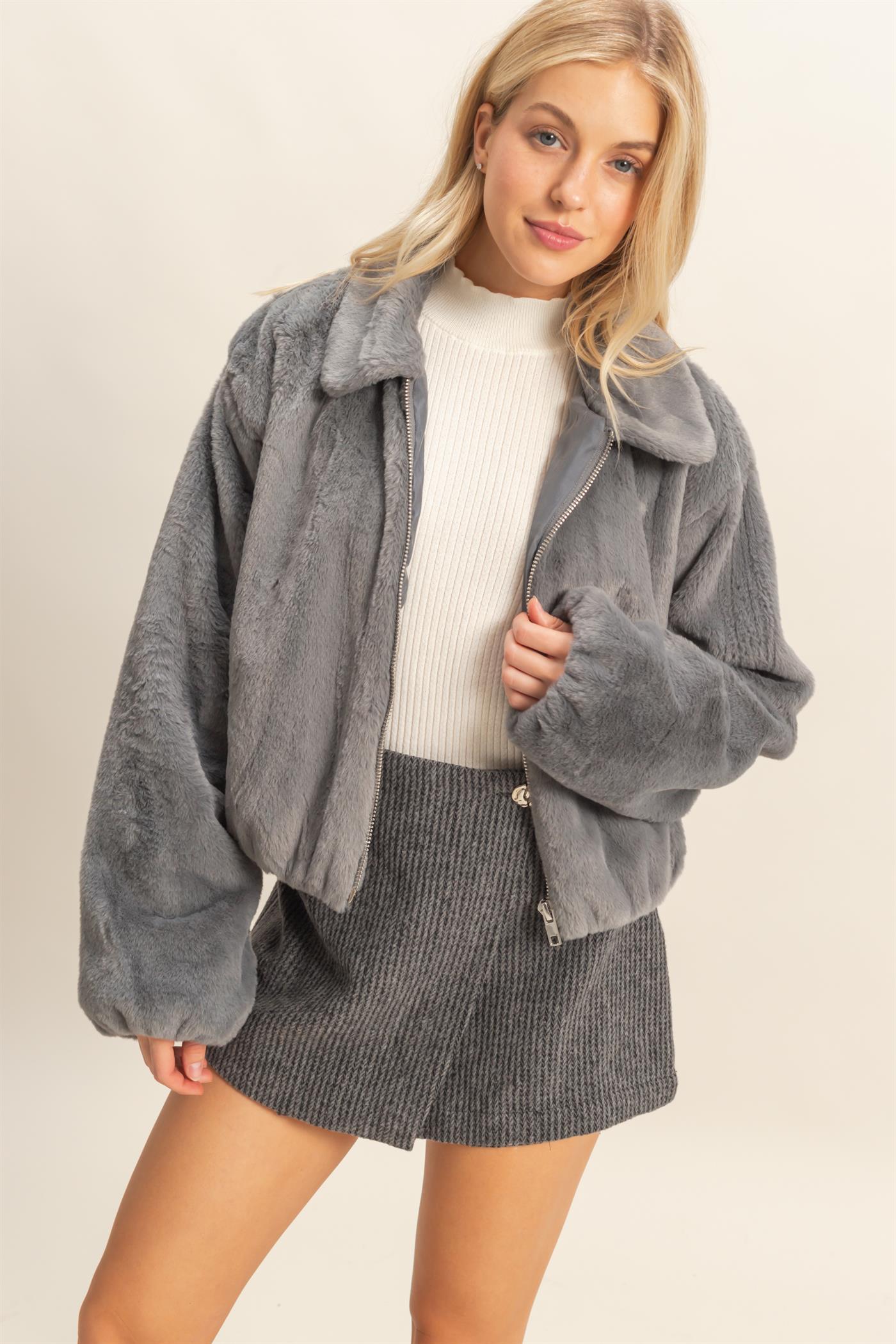 Wholesale Faux Fur Zip Up Jacket With Plush Collar Coats & Jackets HF25E940 GRAY BLUE HYFVE
