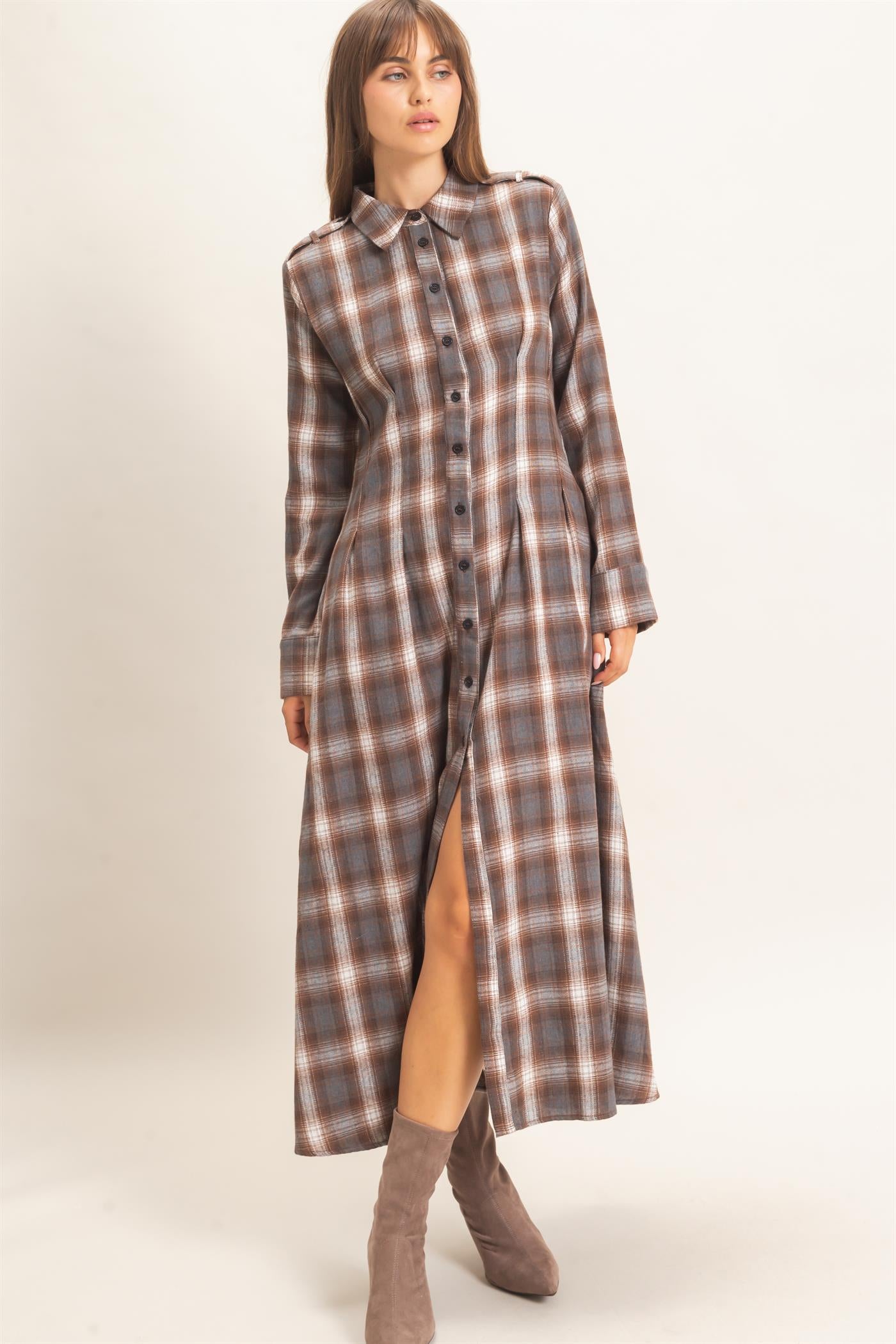 Wholesale Plaid Button-Down Maxi Dress Dresses HF26E999 BROWN HYFVE