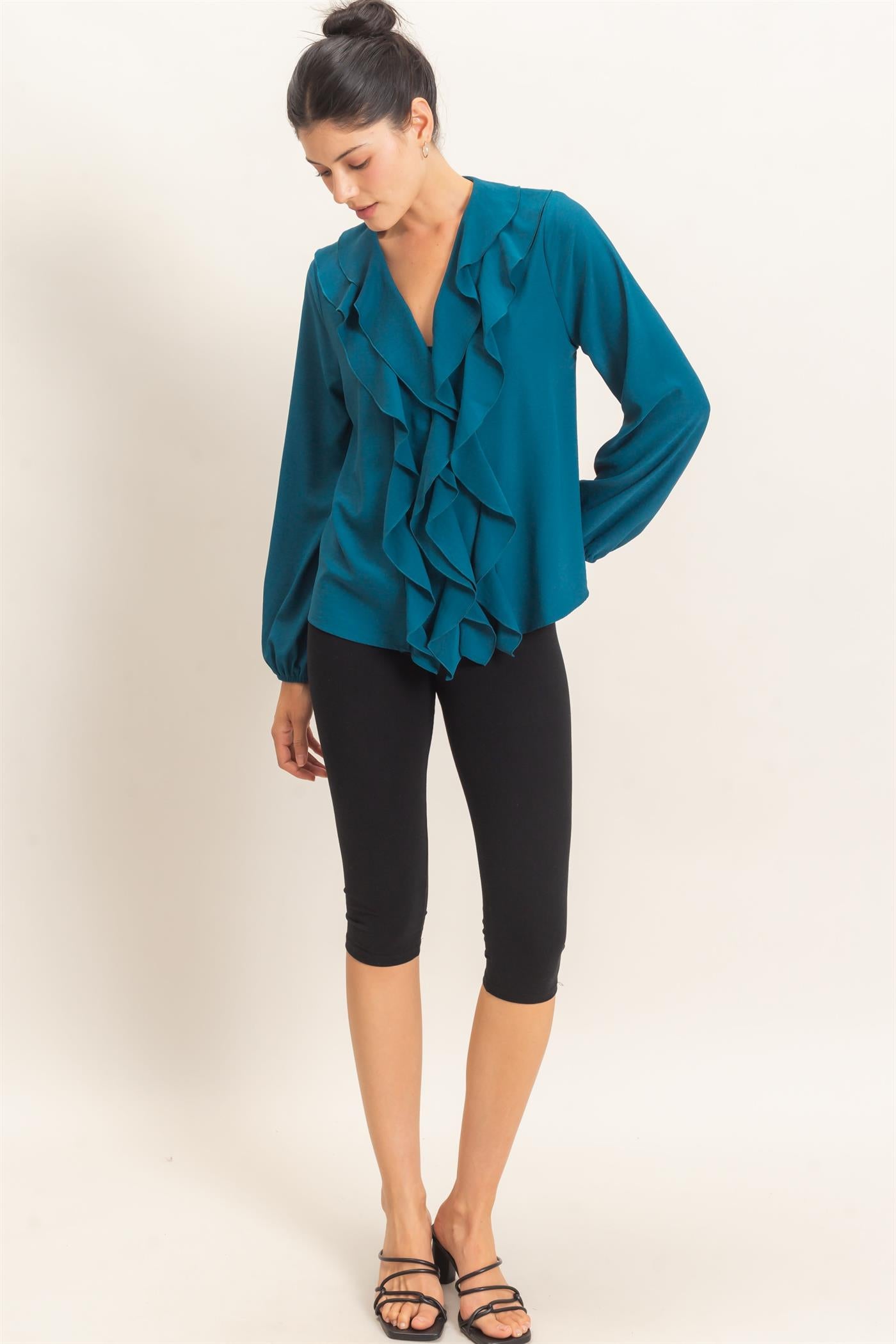 Wholesale Ruffled V-Neck Button-Up Blouse Blouses HF26C739 TEAL HYFVE