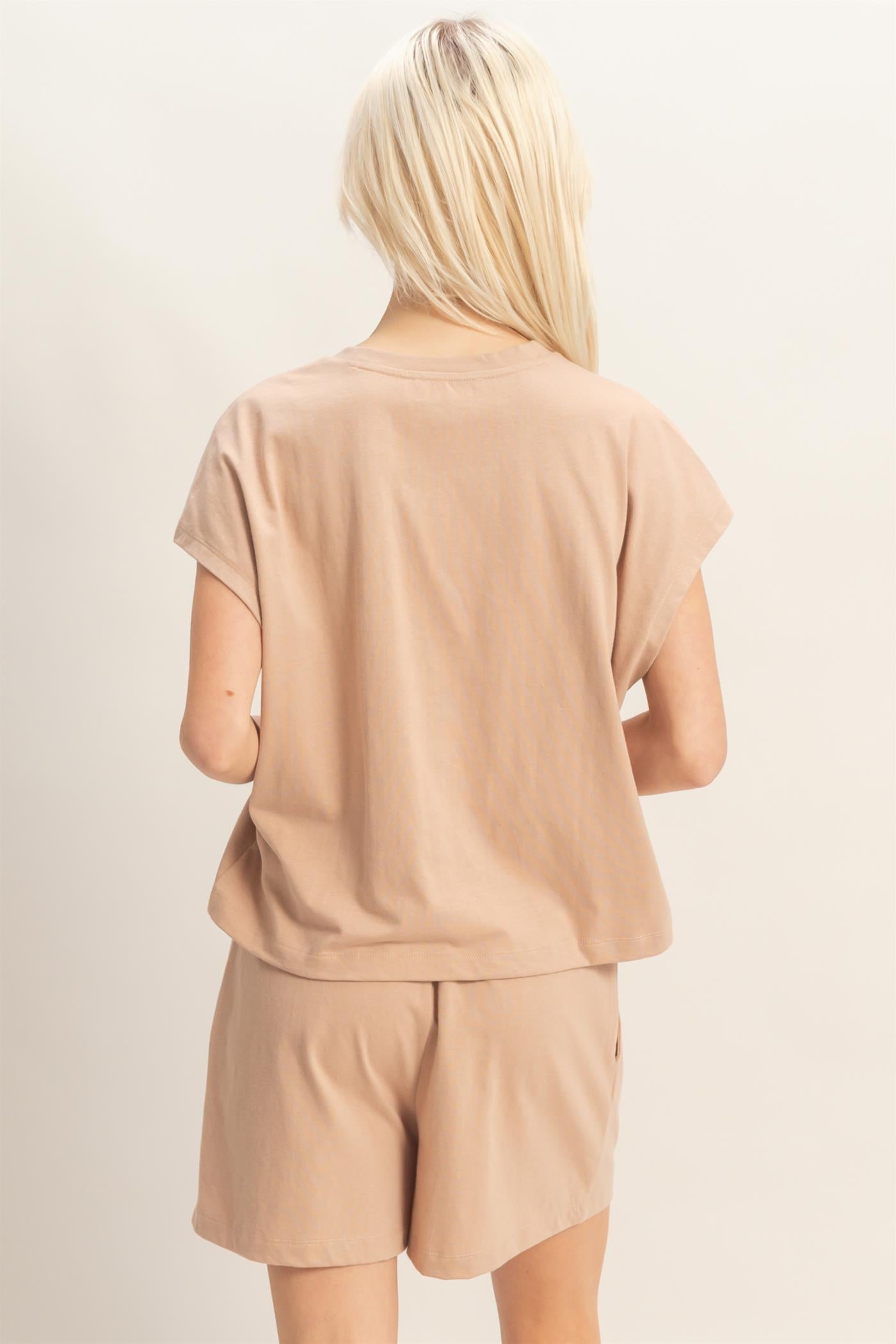 Wholesale Cap Sleeve Boxy Top And Shorts Set Clothing DZ26C543-SET DARK TAUPE DOUBLE ZERO