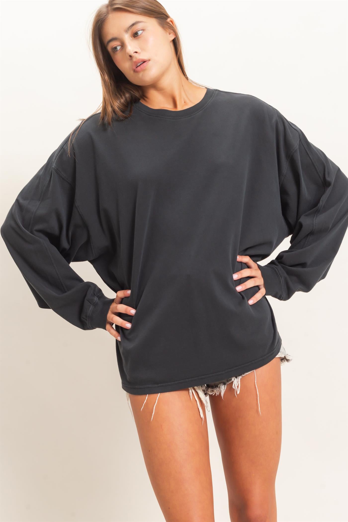 Wholesale Pigment Dye Oversized Long Sleeve Top Clothing Tops DZ26A825 BLACK DOUBLE ZERO