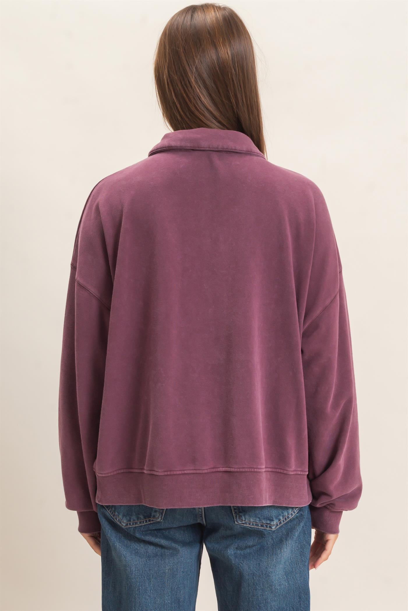 Wholesale Mineral Wash Button Front Sweatshirt Sweatshirts DZ26C909 DARK CHERRY DOUBLE ZERO