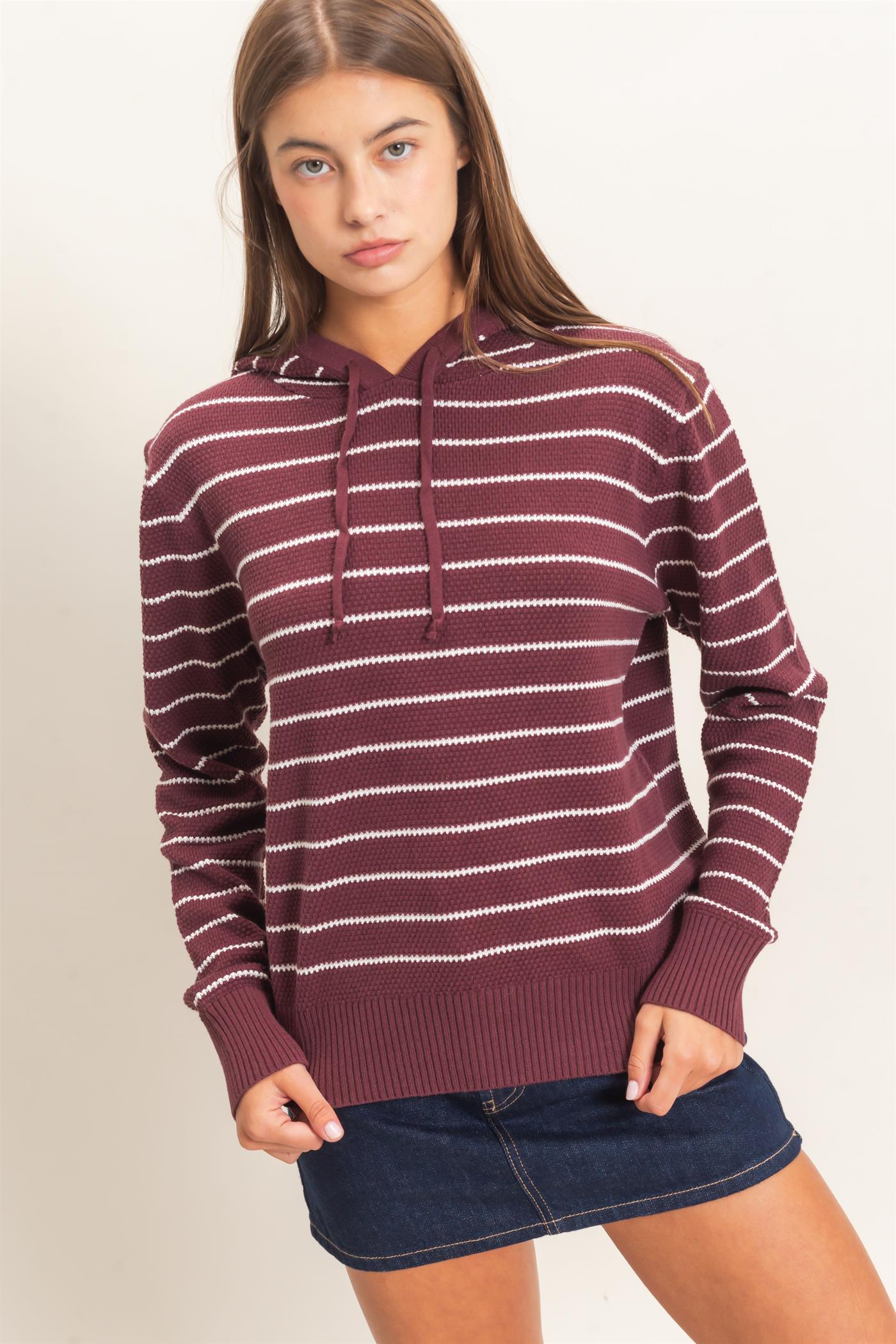 Wholesale Striped Hooded Sweater Hoodies DZ26C972 DARK CHERRY DOUBLE ZERO