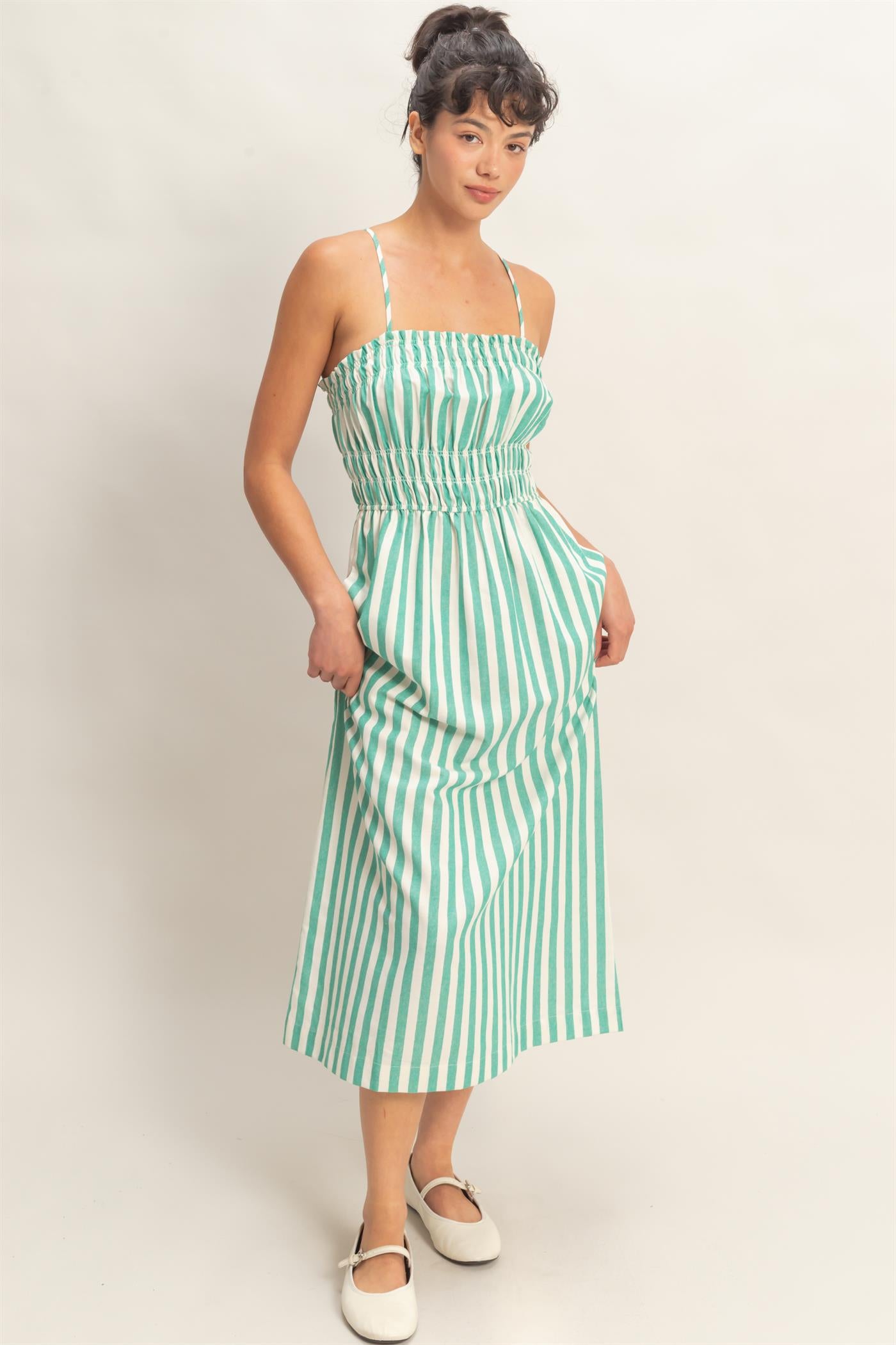 Wholesale Striped Spaghetti Strap Smocking Midi Dress Dresses DZ26C191 GREEN DOUBLE ZERO