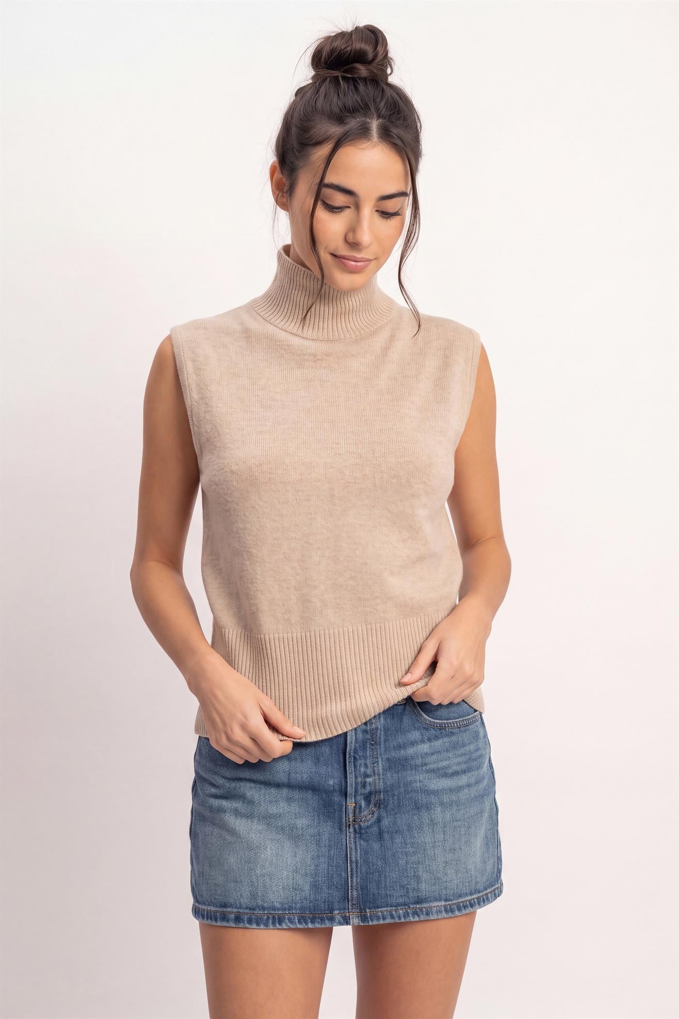 Wholesale Sleeveless High Neck Knit Top Clothing Tops DZ26E946 TAUPE DOUBLE ZERO
