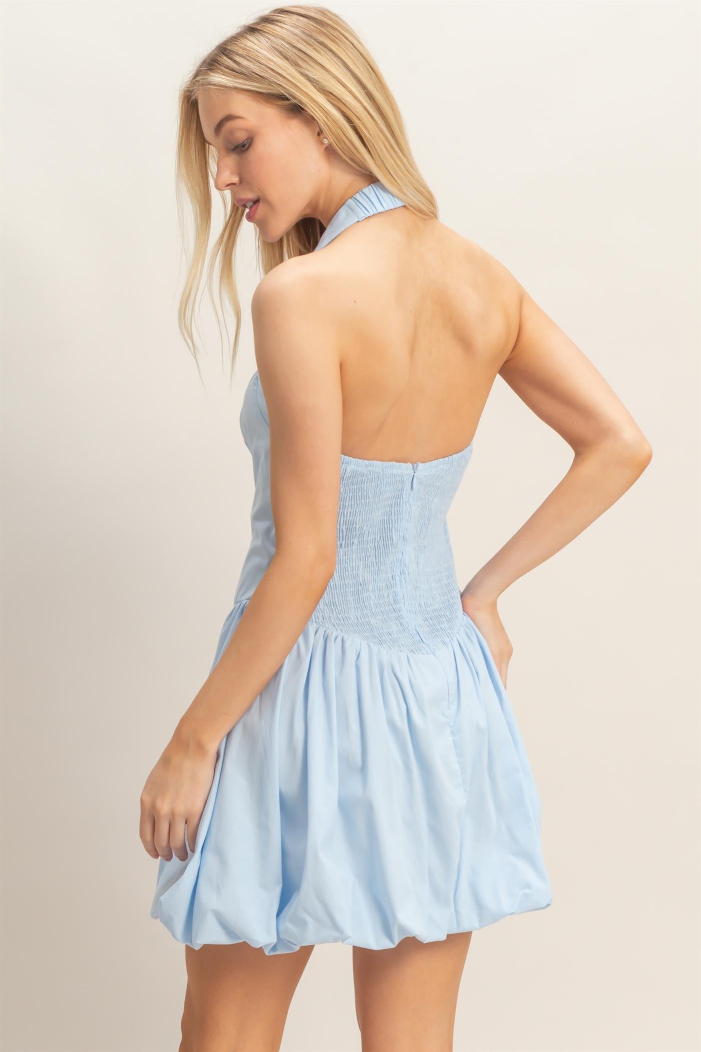 Wholesale Halter Bubble Hem Dress Dresses HF26A012 L.BLUE HYFVE