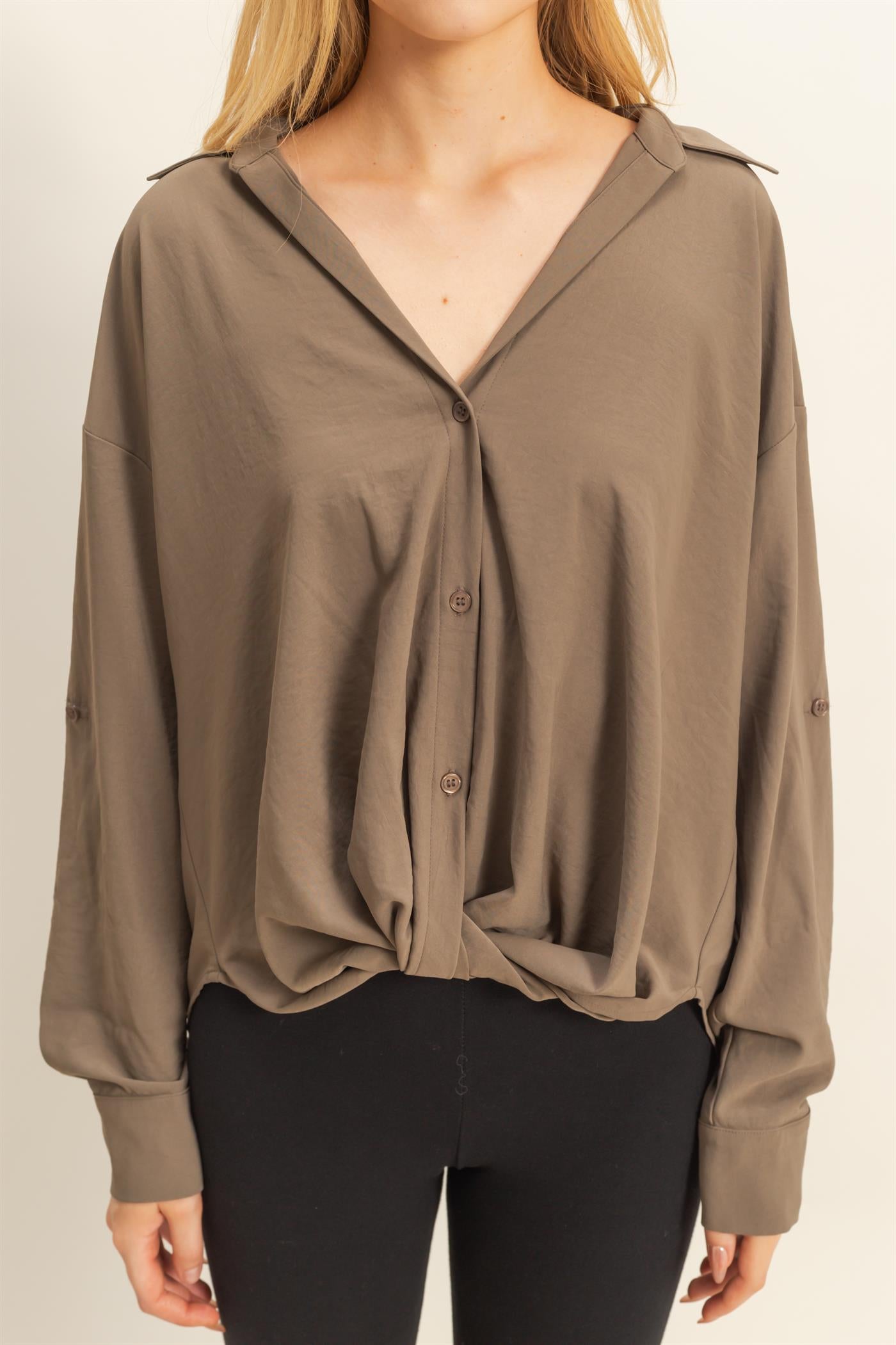 Wholesale Button-Down Blouse With Flowing Fit Clothing Tops HF25C543 OLIVE HYFVE