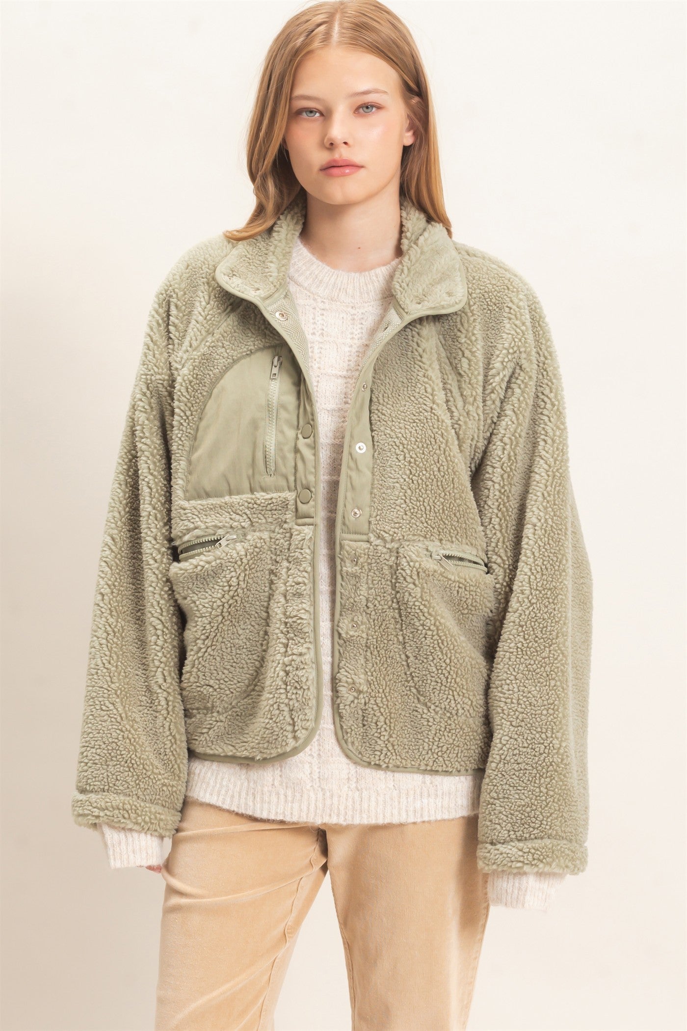 Wholesale Sherpa Fleece Jacket Coats & Jackets HF26E077 SAGE GREEN HYFVE