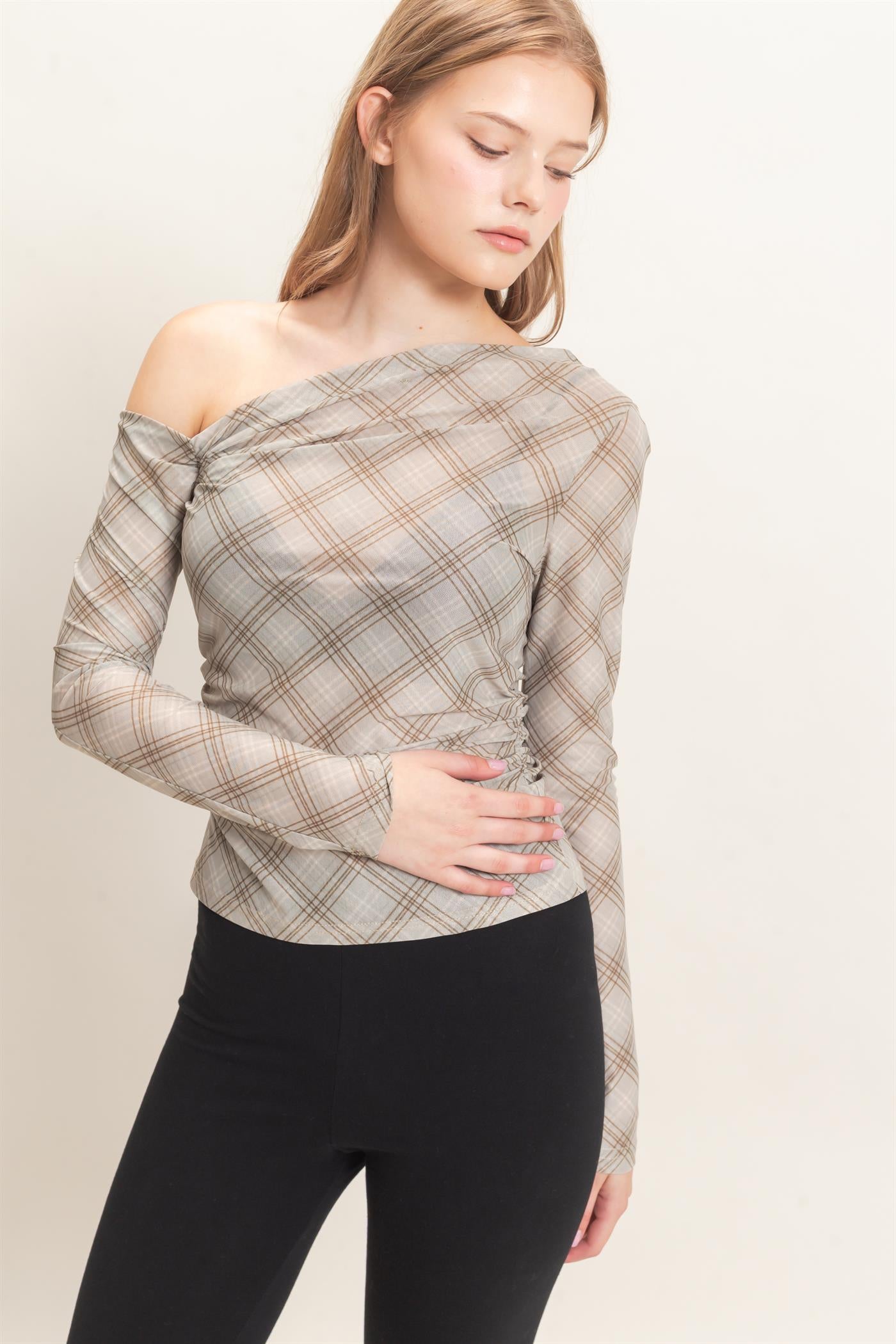 Wholesale Asymmetrical Plaid Off Shoulder Top Dresses HF26E710 SAGE HYFVE