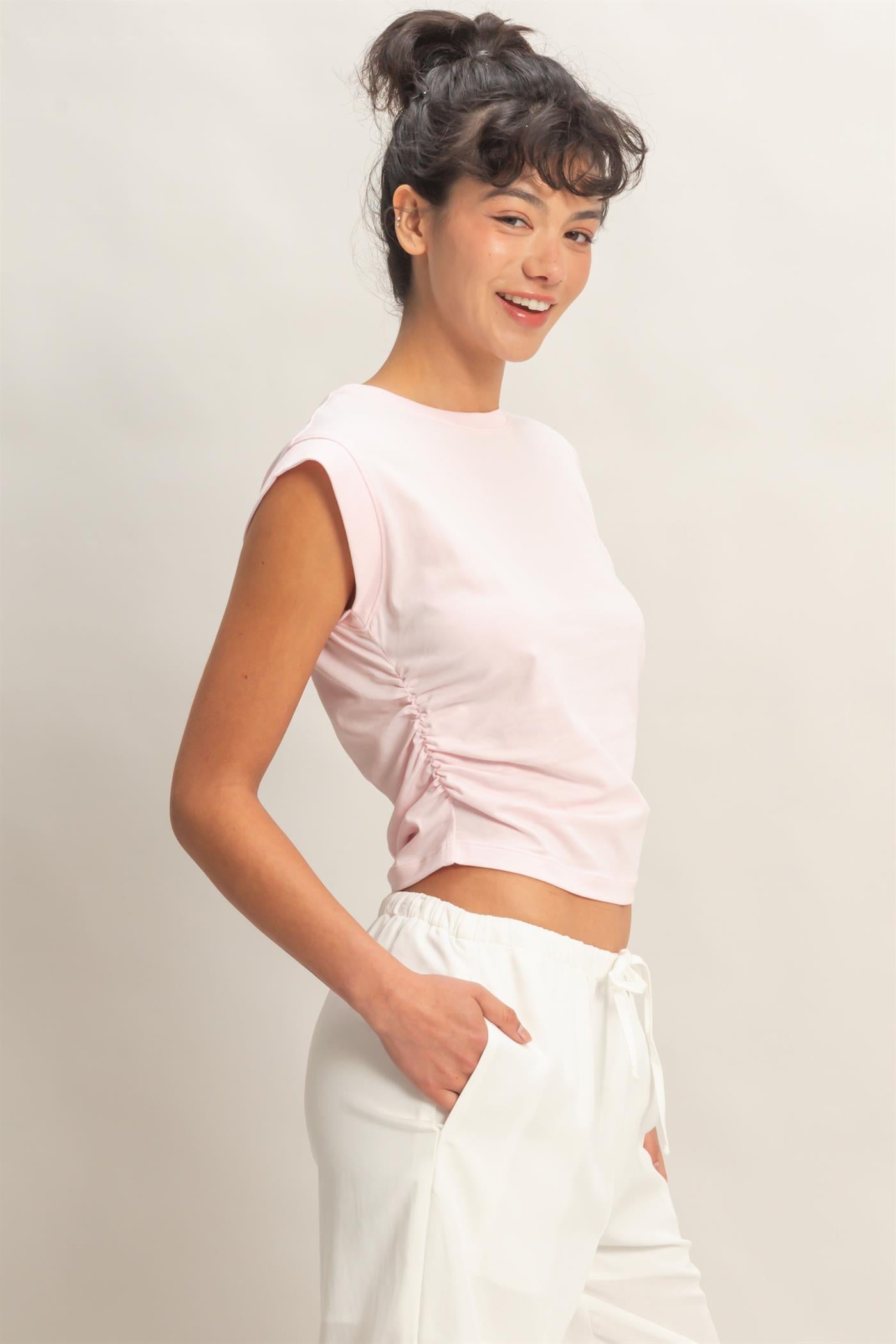Wholesale Ruched Waist Sleeveless Cotton Top Clothing Tops DZ26C520 SOFT PINK DOUBLE ZERO