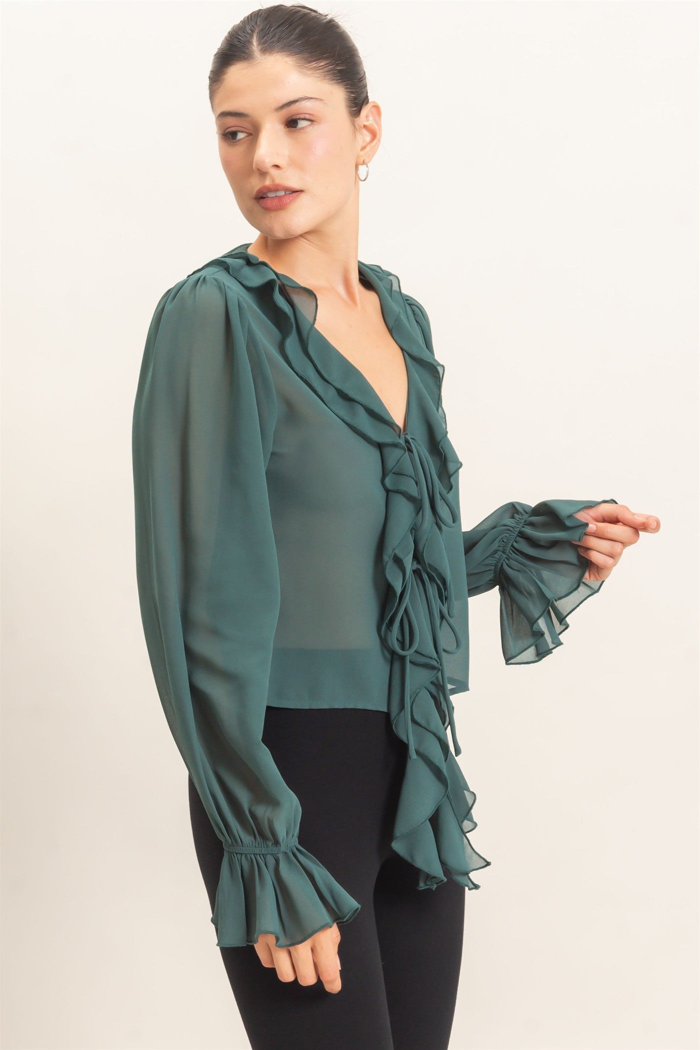 Wholesale Ruffled V-Neck Blouse Blouses HF26F066 TEAL GREEN HYFVE