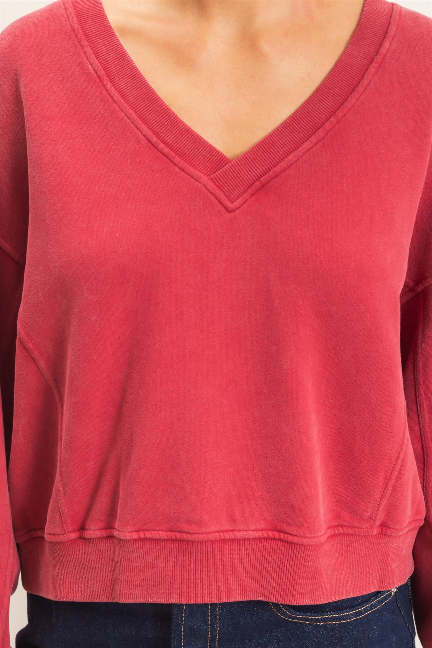 Wholesale Snow Wash V-Neck Sweatshirt Sweatshirts DZ26C844 DARK RED DOUBLE ZERO