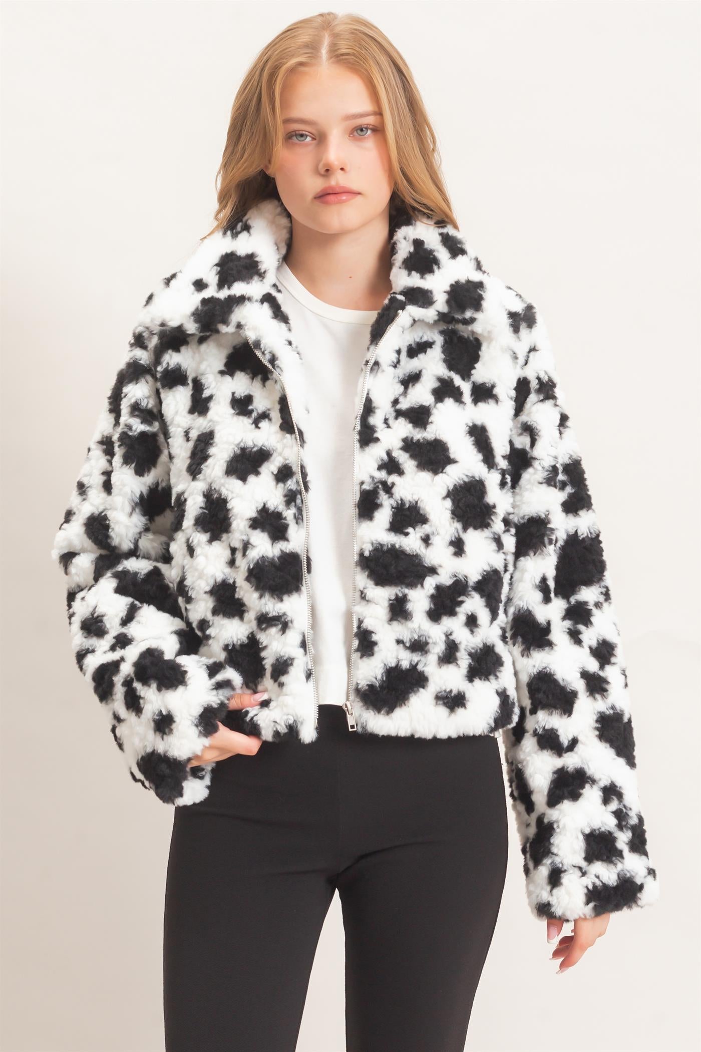 Wholesale Cow Print Faux Fur Zip-Up Jacket Coats & Jackets HF26F056 BLACK HYFVE
