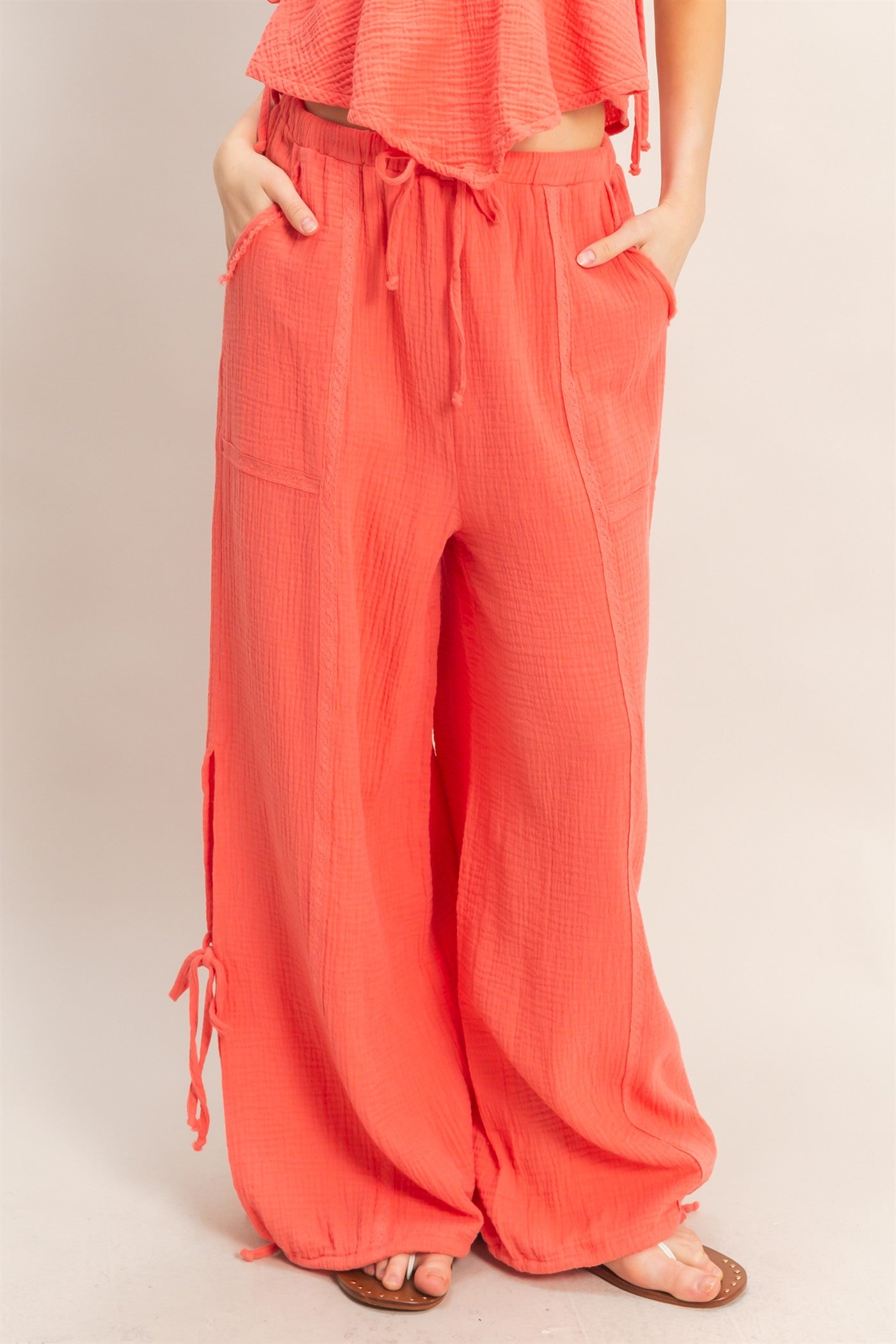 Wholesale Gauze Drawstring Jogger Pants Joggers HF26A822 RED ORANGE HYFVE
