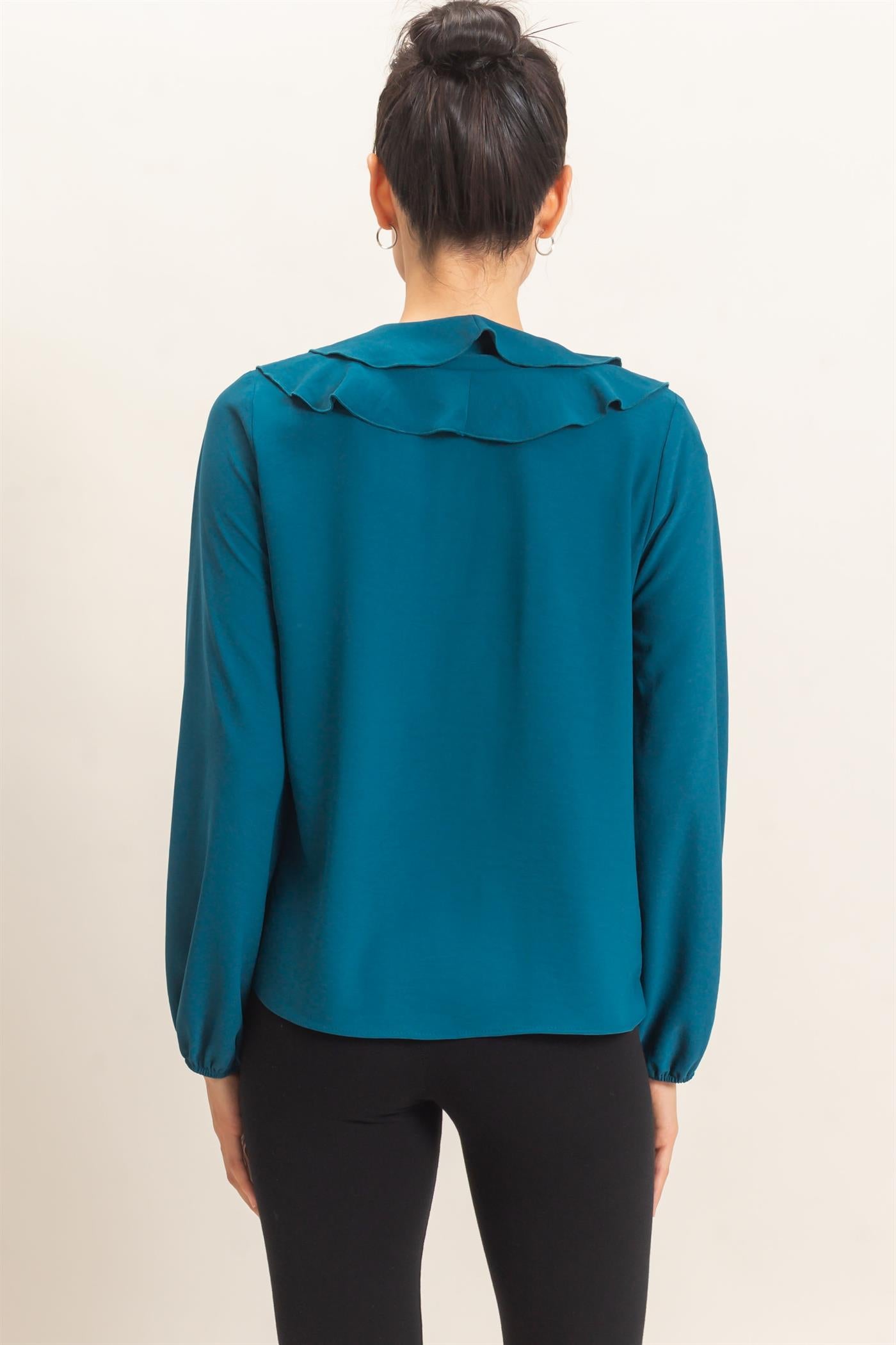 Wholesale Ruffled V-Neck Button-Up Blouse Blouses HF26C739 TEAL HYFVE