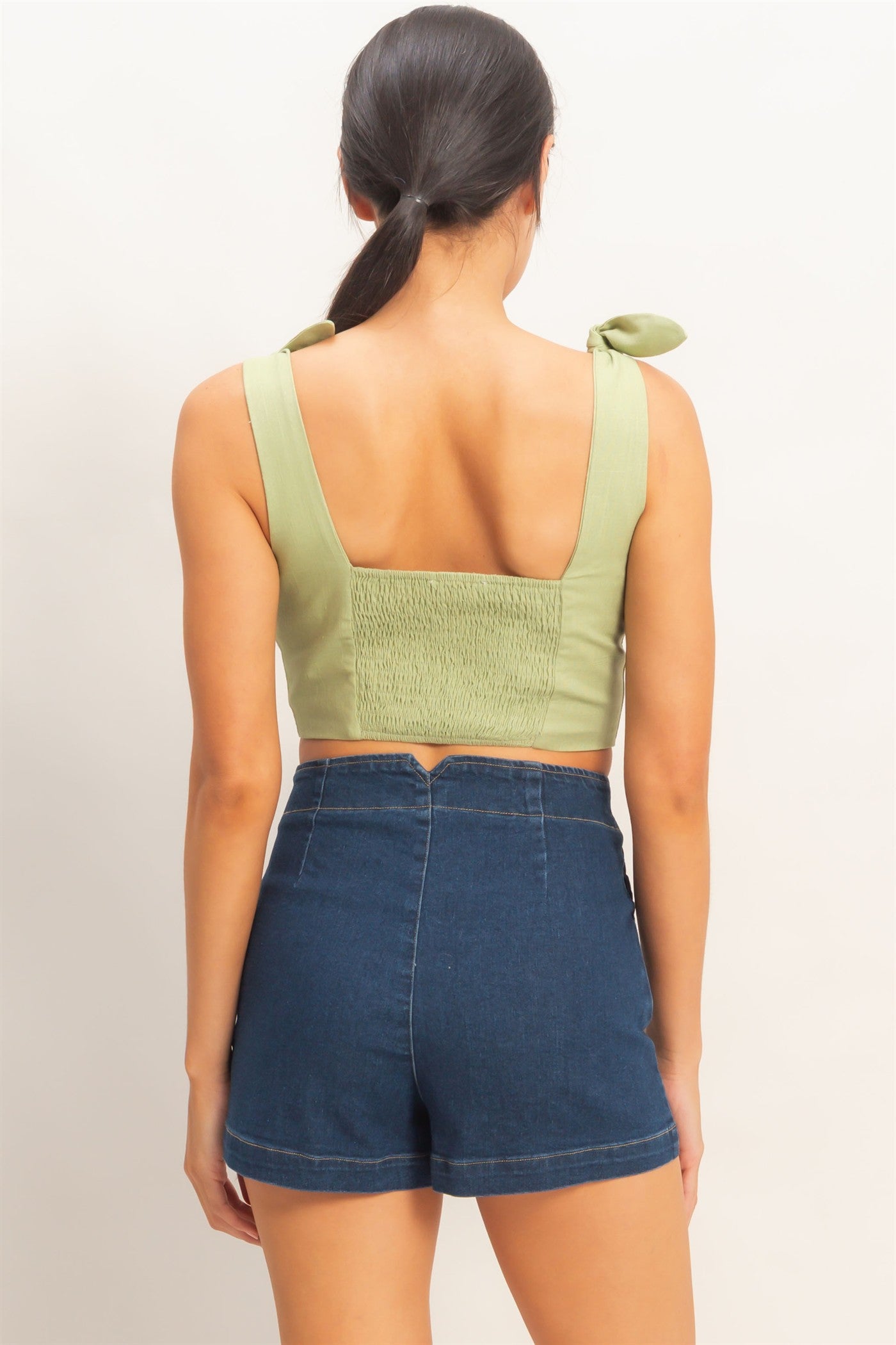 Wholesale Button-Up Tie Strap Crop Top Clothing Tops HF26A445 SAGE GREEN HYFVE