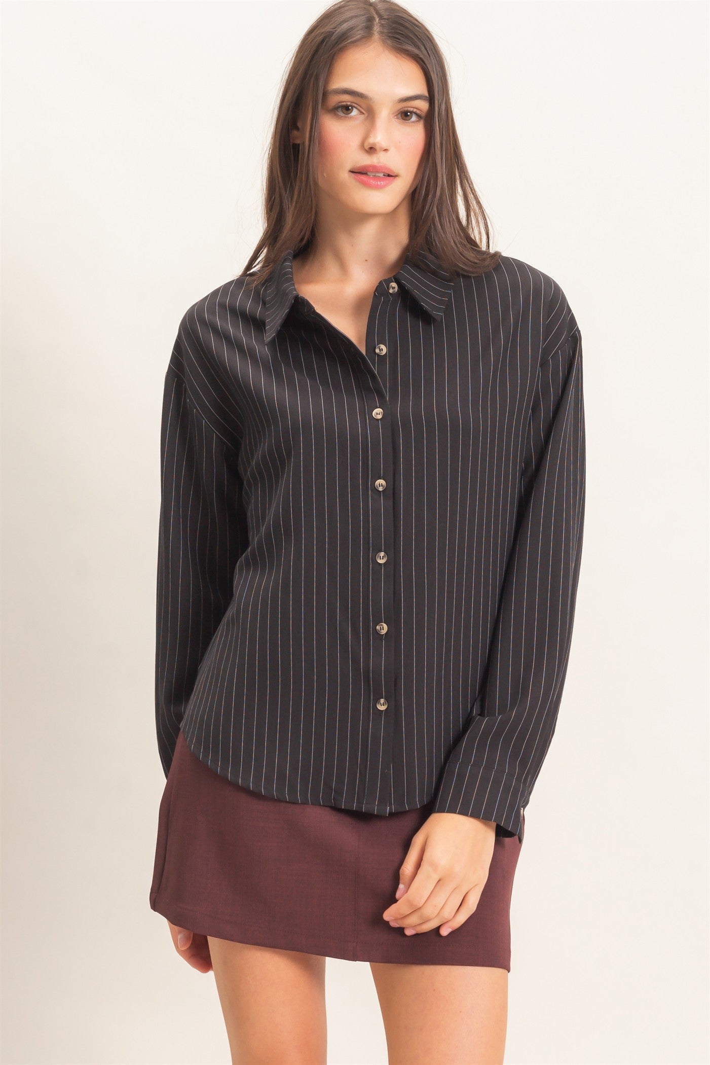 Wholesale Striped Button-Up Shirt Shirts HF27A425 BLACK HYFVE