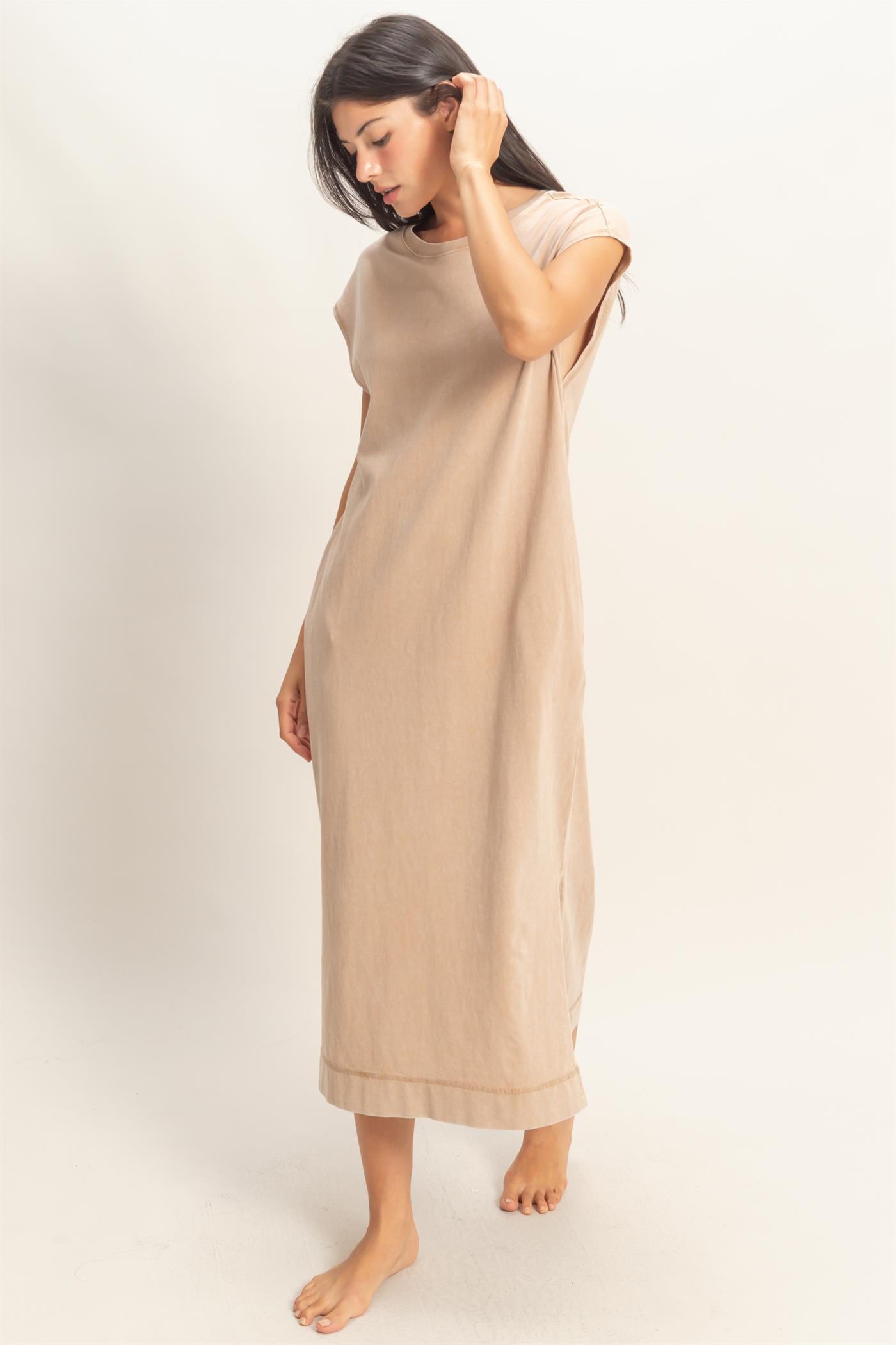 Wholesale Mineral Wash Cap Sleeve Midi Dress Dresses DZ26A049 DARK TAUPE DOUBLE ZERO