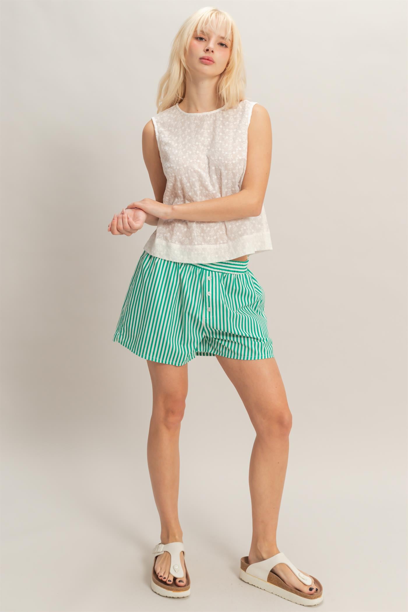 Wholesale Eyelet Sleeveless Top With Back Buttons Clothing Tops DZ26C541 WHITE DOUBLE ZERO