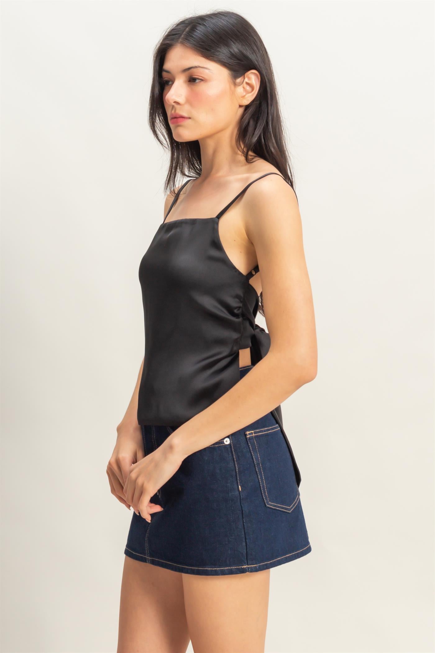 Wholesale Satin Back Tie Detail Sleeveless Top Clothing Tops DZ25C126 BLACK DOUBLE ZERO