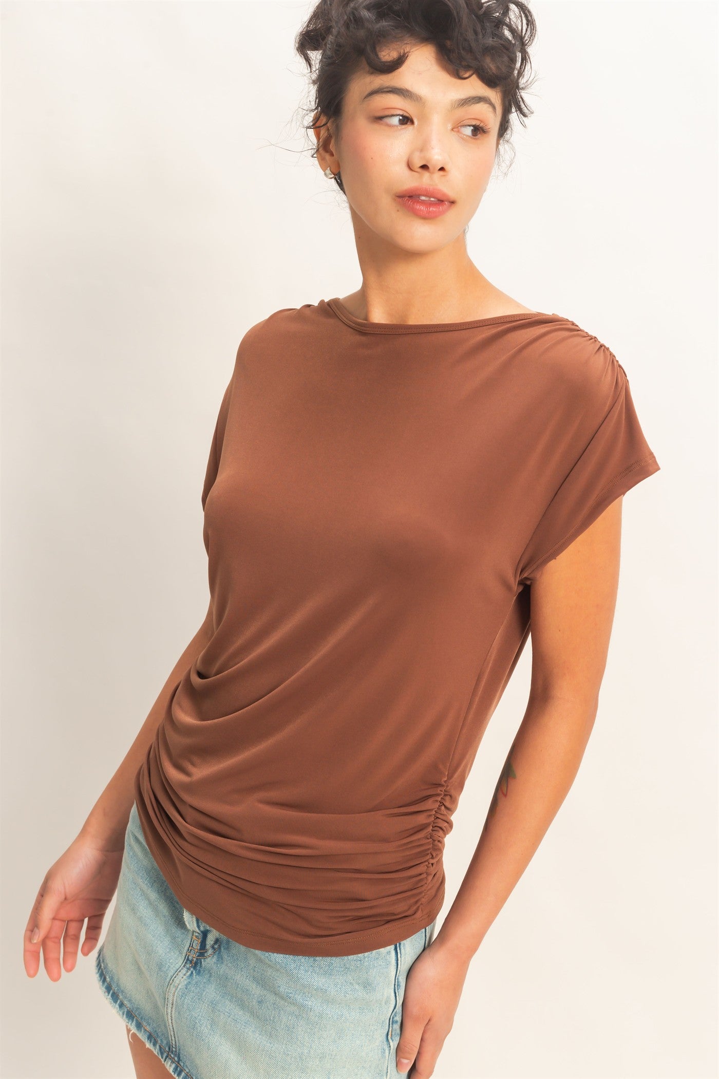 Wholesale Cowl Back Draped Cap Sleeve Top Clothing Tops DZ26C025 CHOCOLATE DOUBLE ZERO