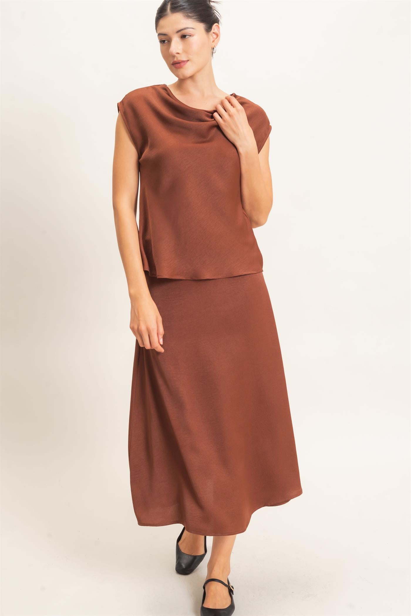 Wholesale Satin Cowl Neck Top And Skirt Set Clothing HF26C690-SET BROWN HYFVE