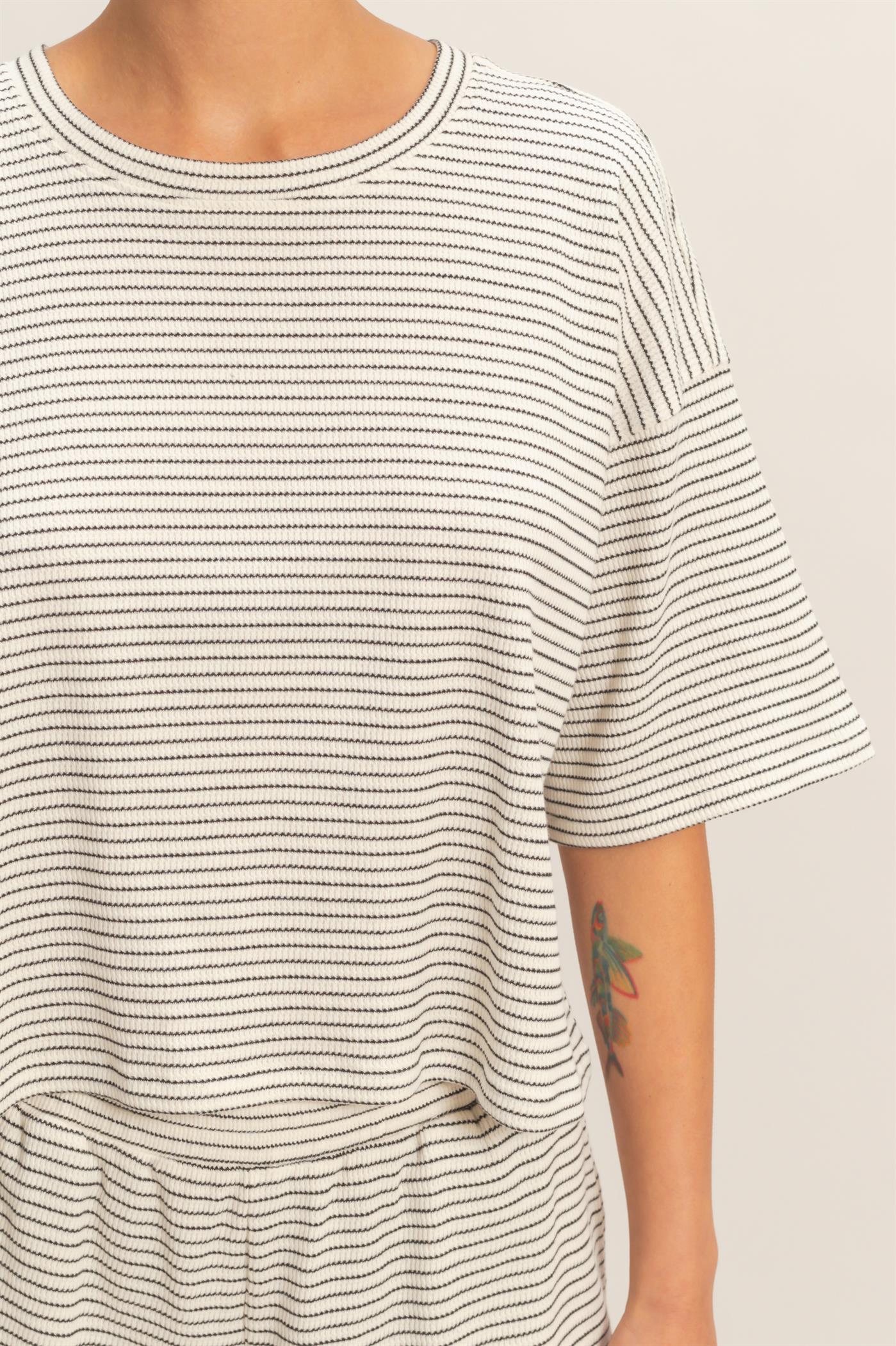 Wholesale Striped Round Neck Top & Shorts Set Clothing DZ26A045-SET CREAM DOUBLE ZERO