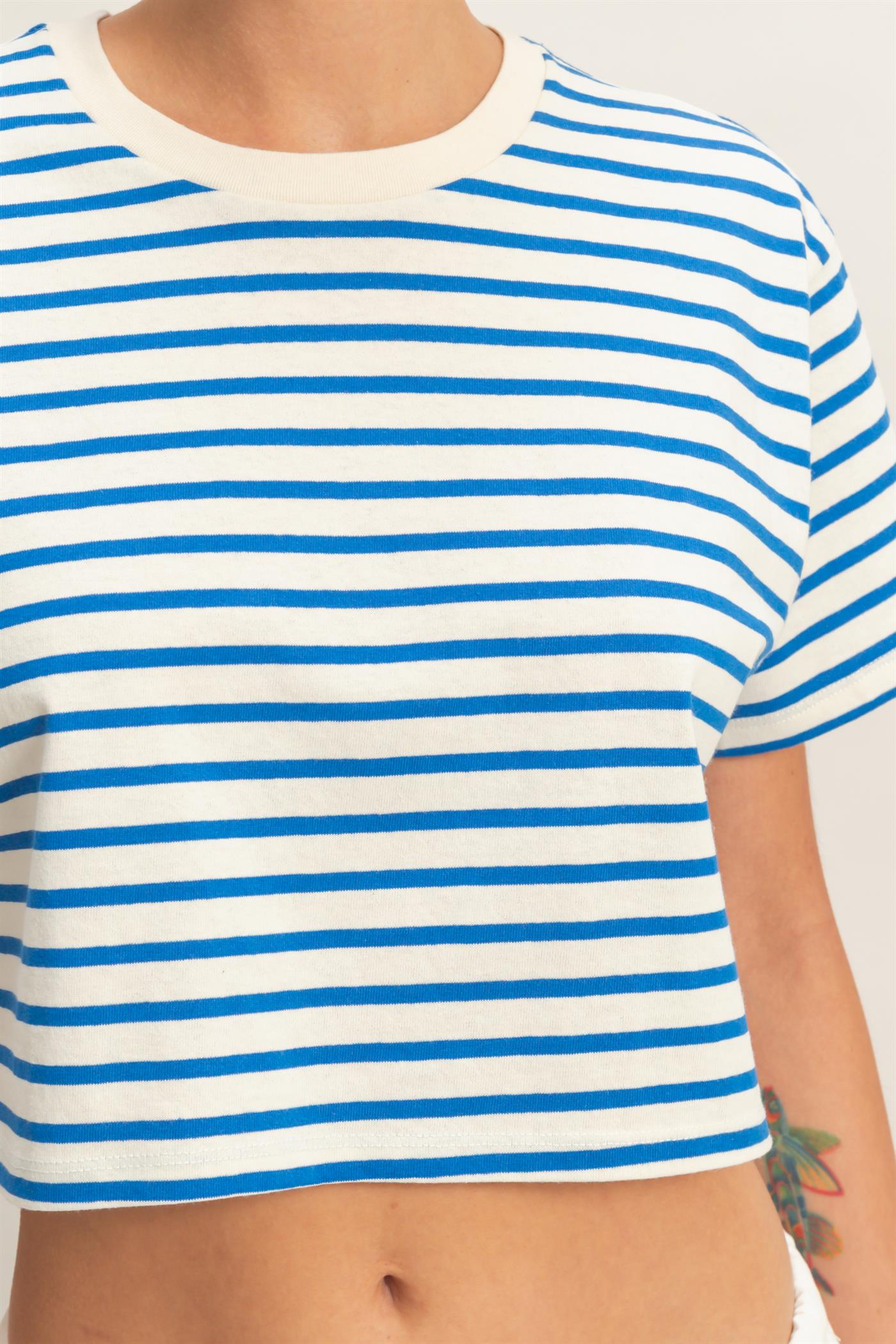 Wholesale Striped Oversized Short Sleeve Cropped Tee Clothing Tops DZ26C023 BLUE DOUBLE ZERO