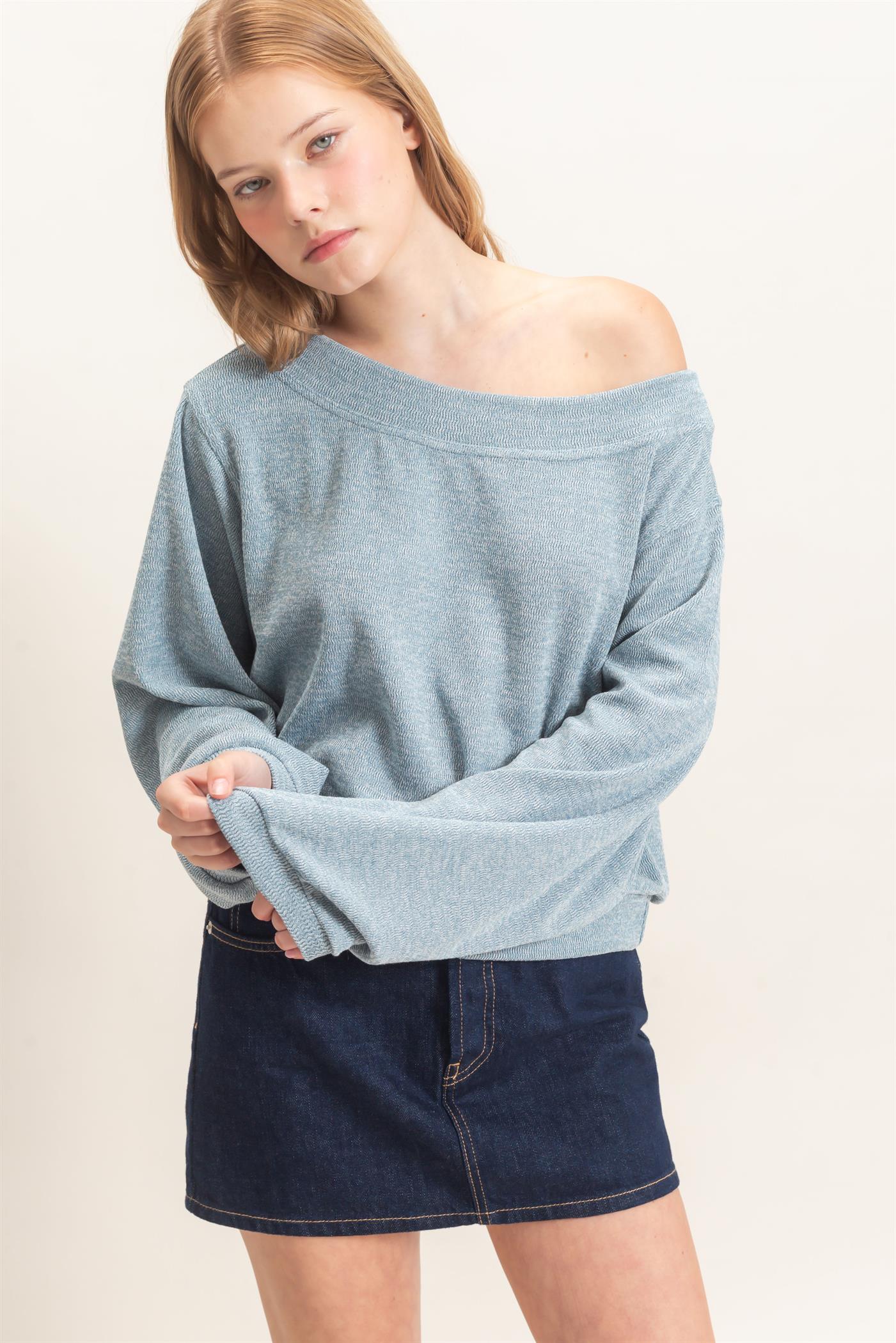 Wholesale Off Shoulder Knit Sweatshirt Blouses HF26F028 BLUE HYFVE
