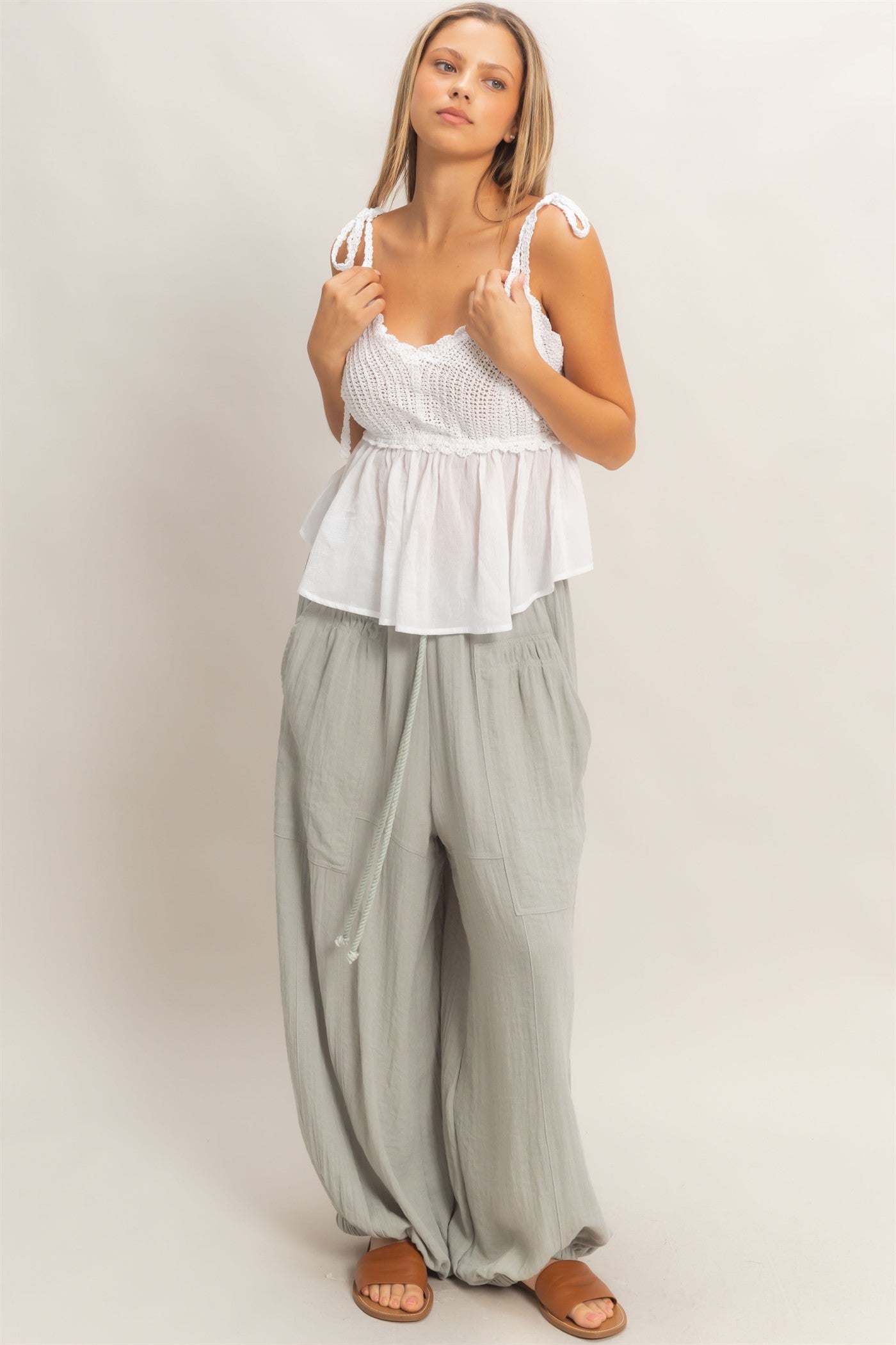 Wholesale Elastic Hem Drawstring Pants Pants HF26A905-D DUSTY SAGE HYFVE