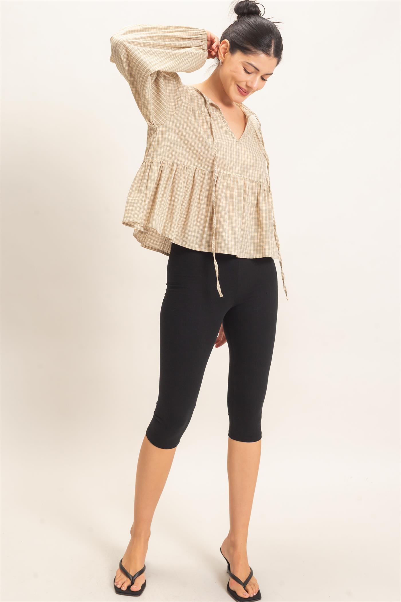 Wholesale Checkered Tie Neck Top Clothing Tops HF26E732 CREAM HYFVE