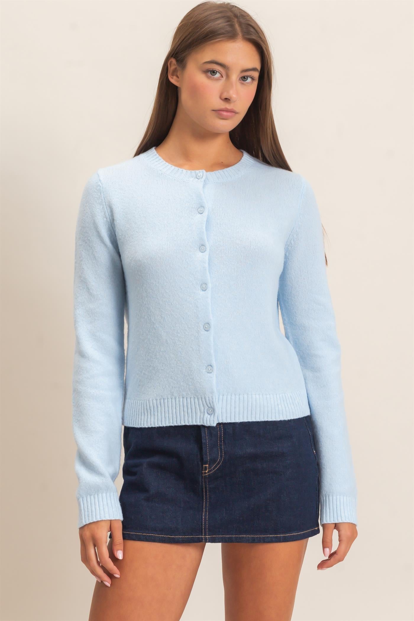 Wholesale Crew Neck Cardigan Cardigans DZ26E119 ICE BLUE DOUBLE ZERO