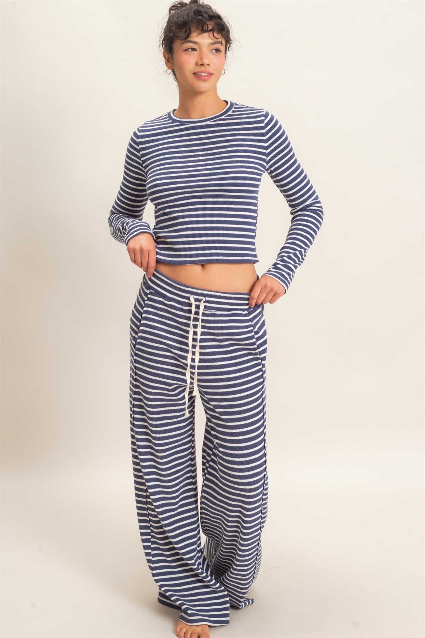 Wholesale Striped Waffle Long Sleeve Top & Pants Set Clothing DZ25F479-SET NAVY DOUBLE ZERO