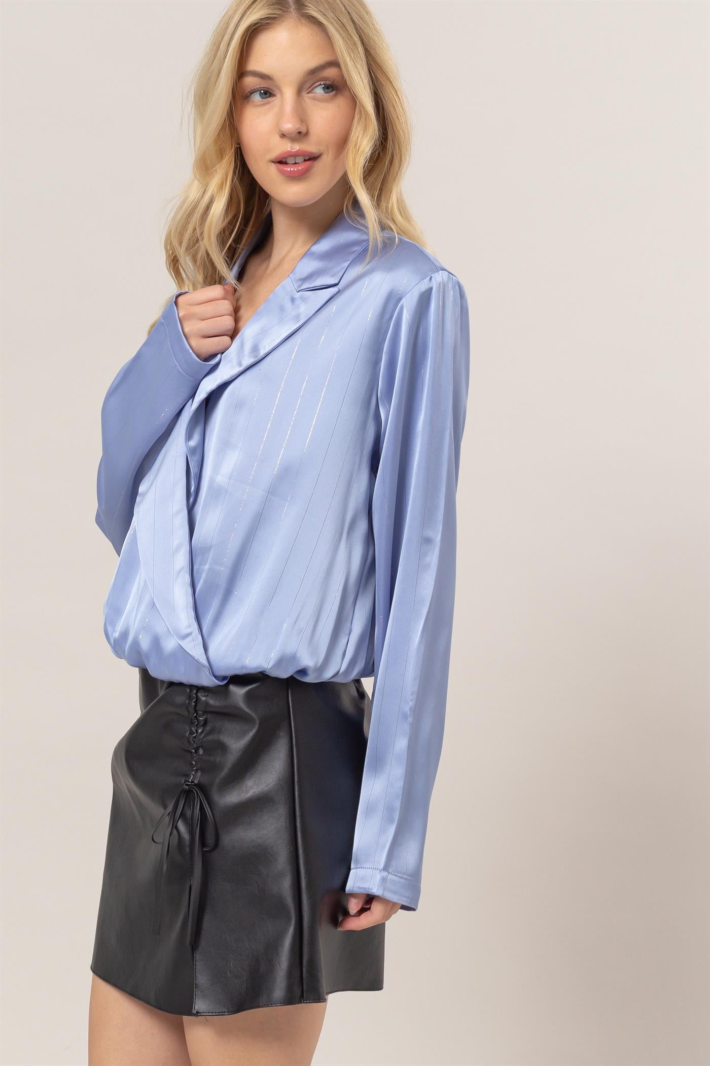 Wholesale Sophisticated Lurex Striped Wrap Blouse Clothing Tops HF25C383 DENIM BLUE HYFVE