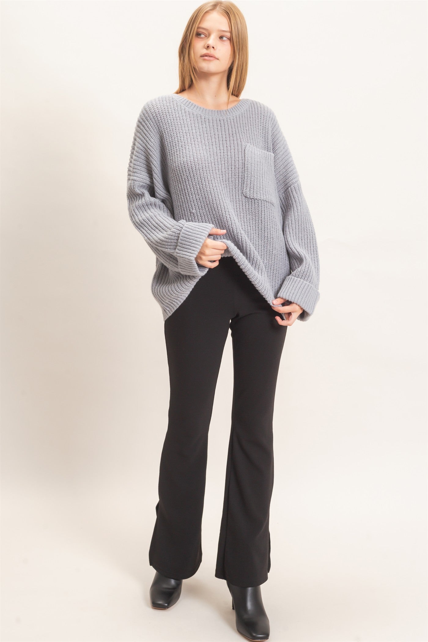 Wholesale Ribbed Knit Patch Pocket Sweater Sweaters HF26F177 H.GRAY HYFVE