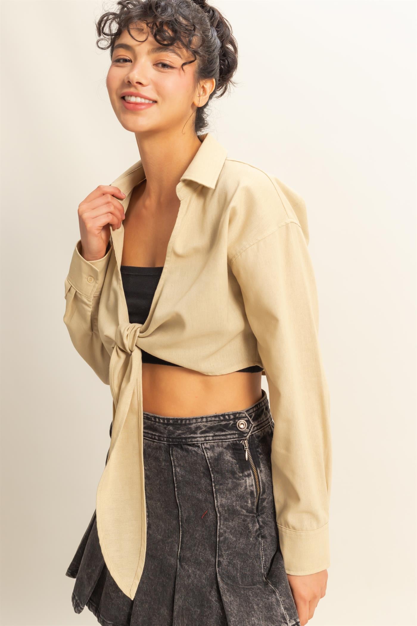 Wholesale Sand Washed Tie Front Crop Top Blouses DZ24C963 LIGHT TAUPE DOUBLE ZERO