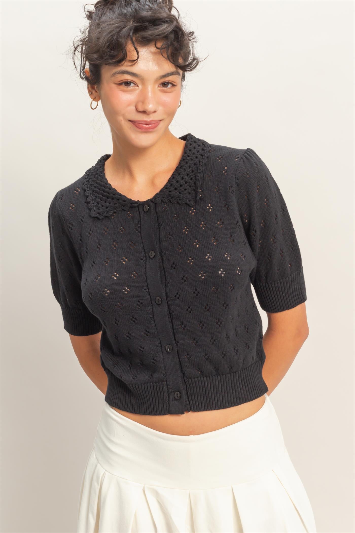 Wholesale Pointelle Collar Button-Up Puff Sleeve Knit Top Clothing Tops DZ26A748 BLACK HYFVE