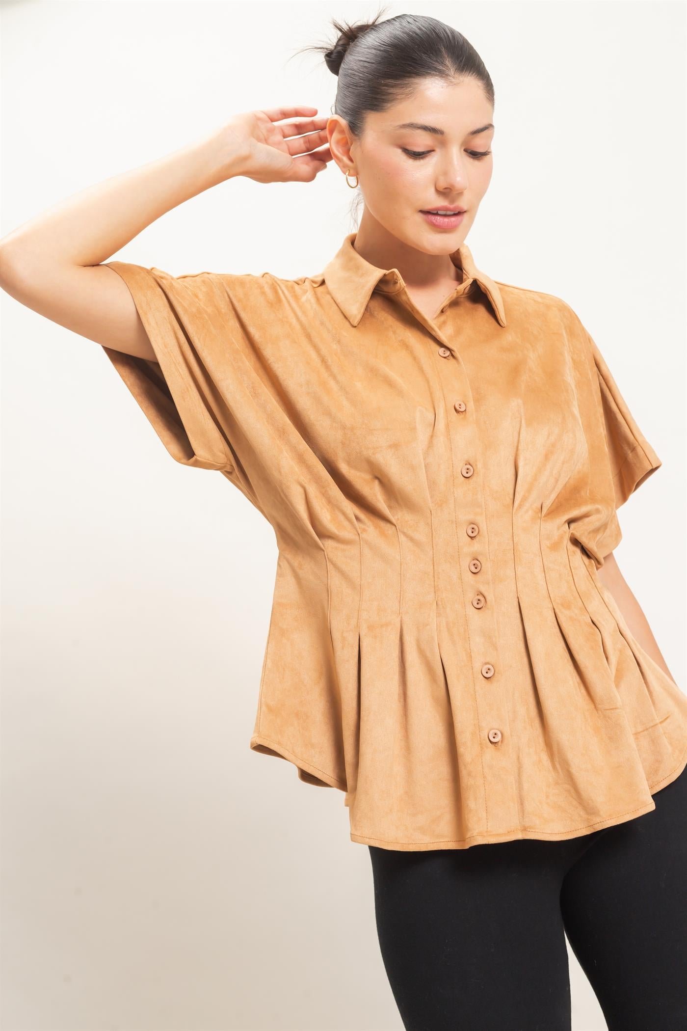 Wholesale Suede Button-Down Blouse Blouses HF26E651 CAMEL HYFVE
